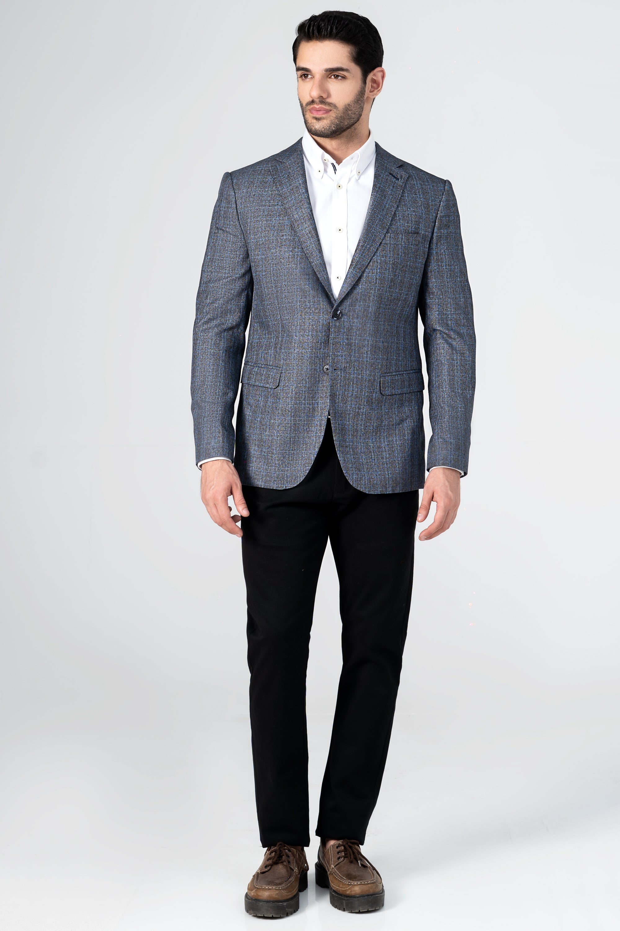 Grey-blue textured casual blazer, notch lapels, single-breasted button front, long sleeves.