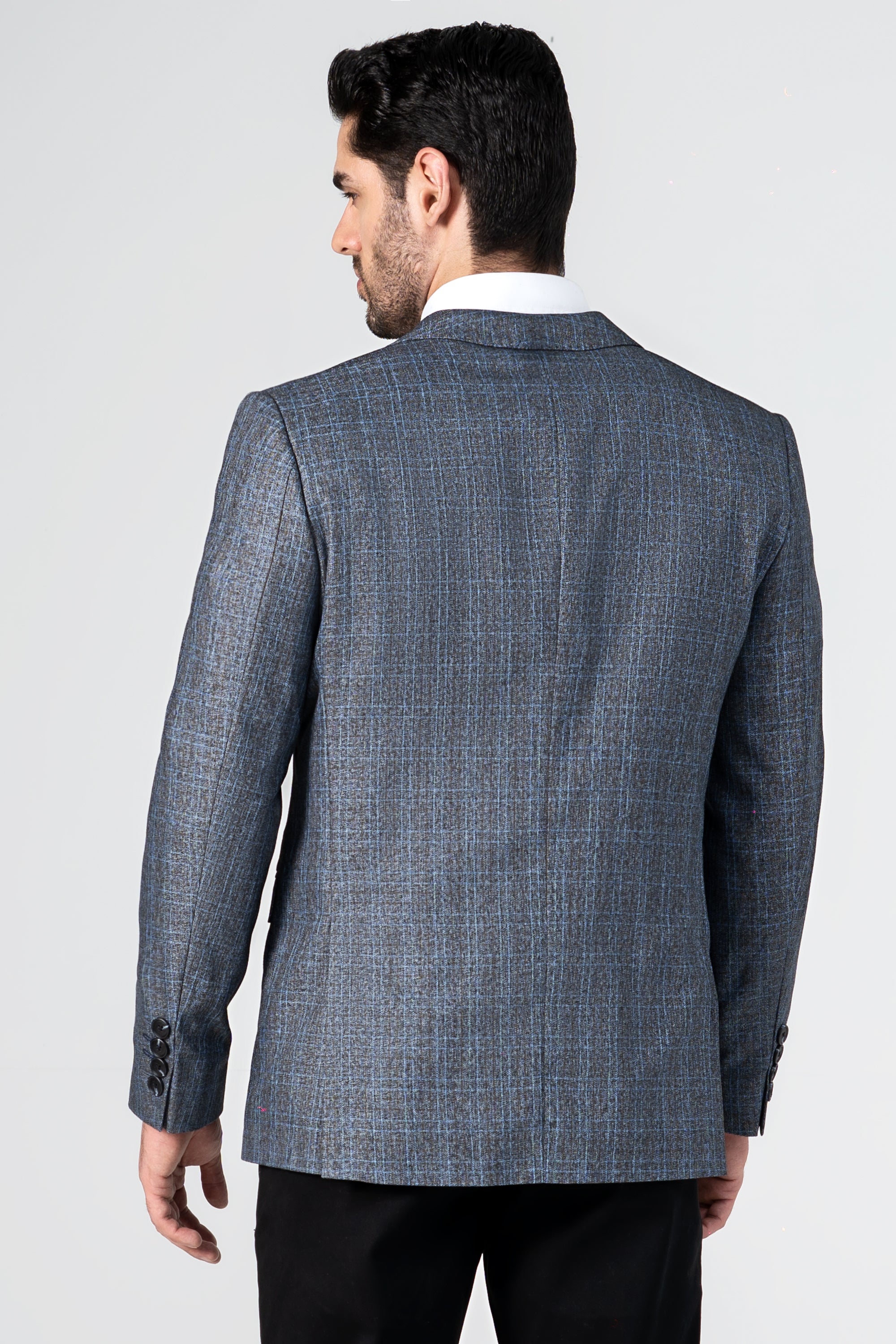 Grey-blue textured casual blazer back view, long sleeves and buttoned cuffs.