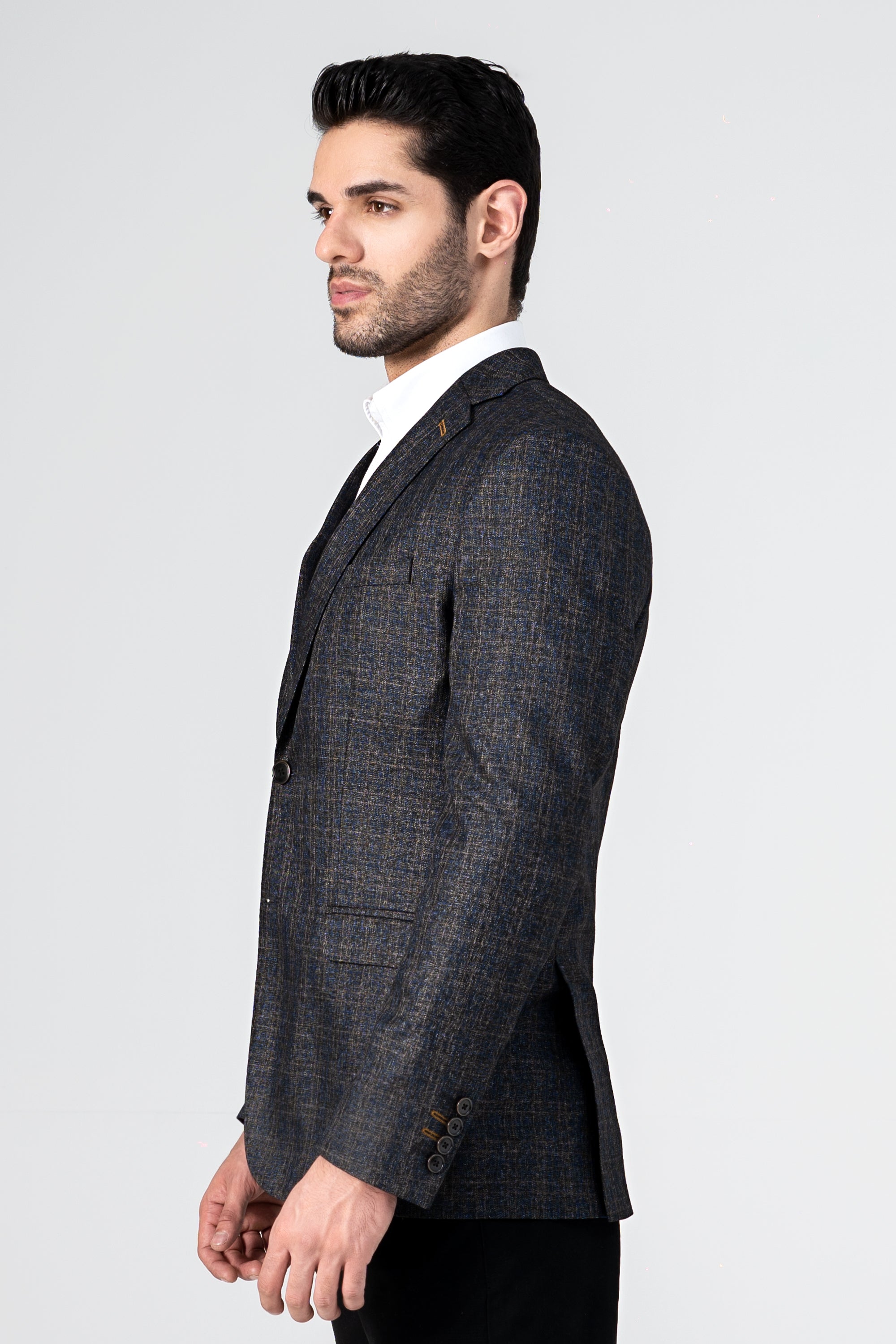 Dark brown casual coat in textured weave with single-breasted front and notch lapel