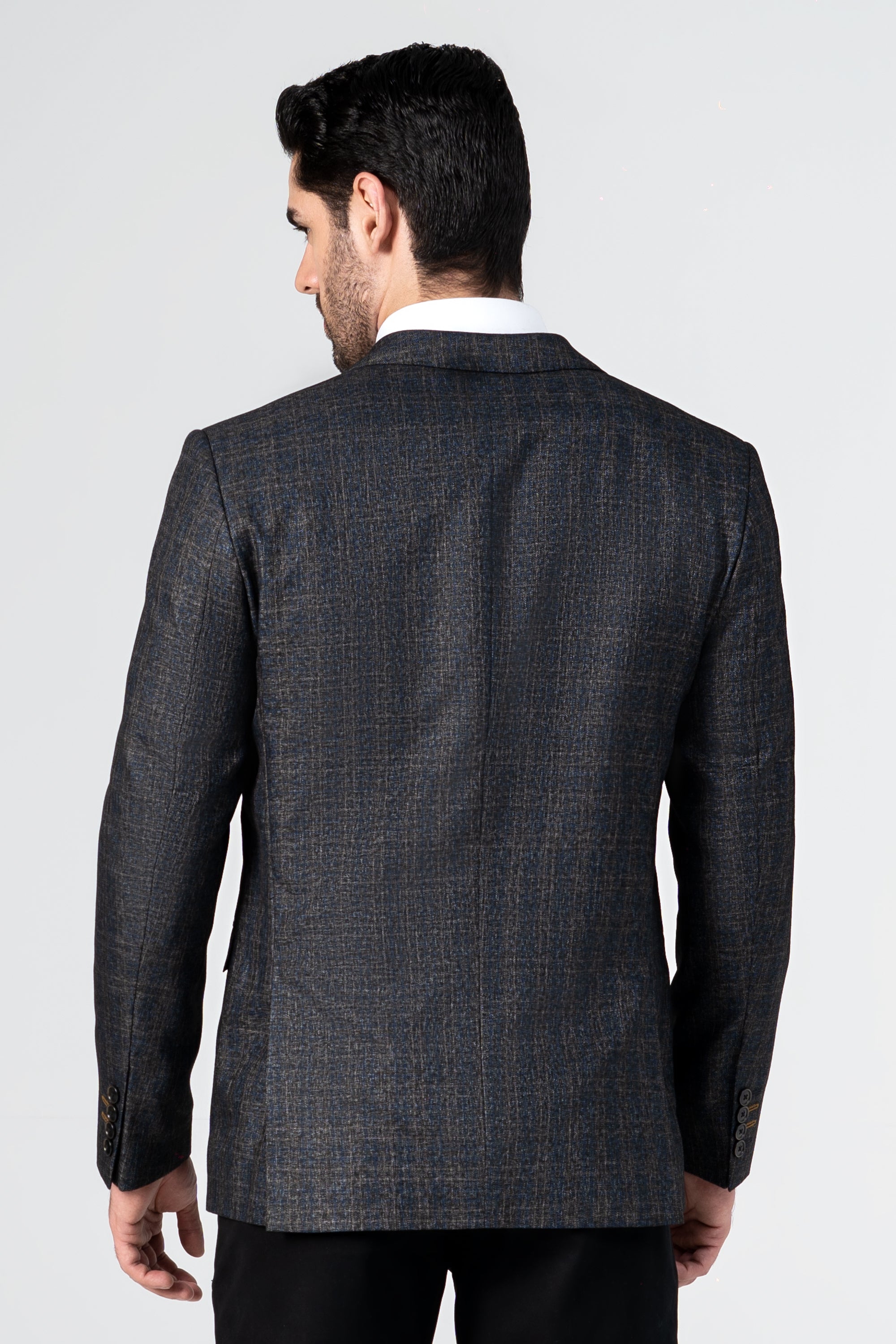 Dark brown casual coat back view with notched collar and tailored seam lines