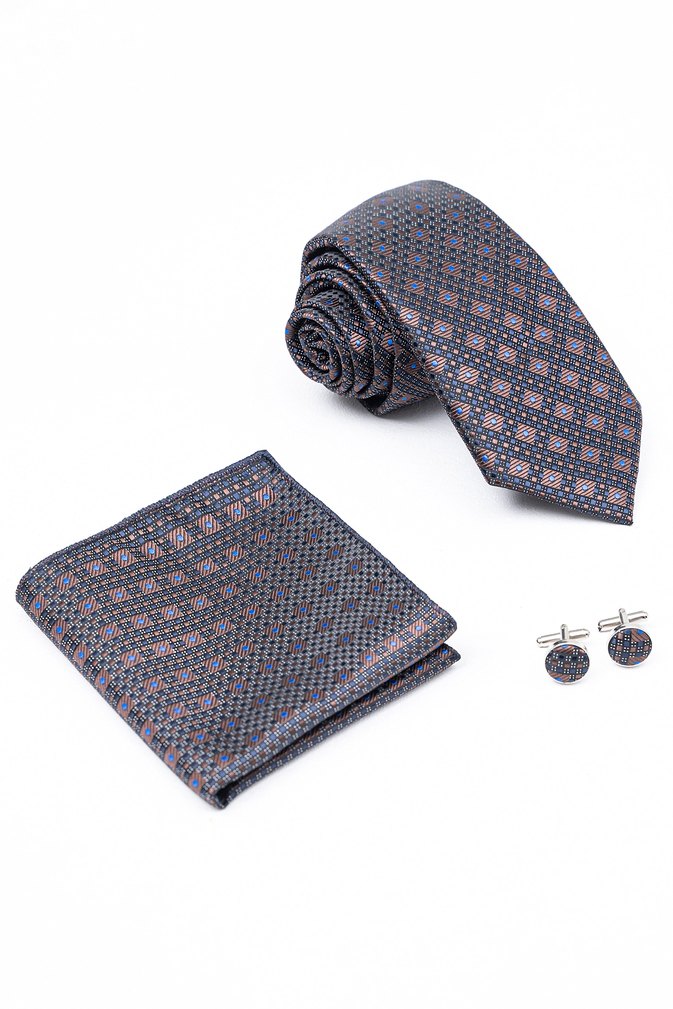 Navy patterned tie set with pocket square and round cufflinks