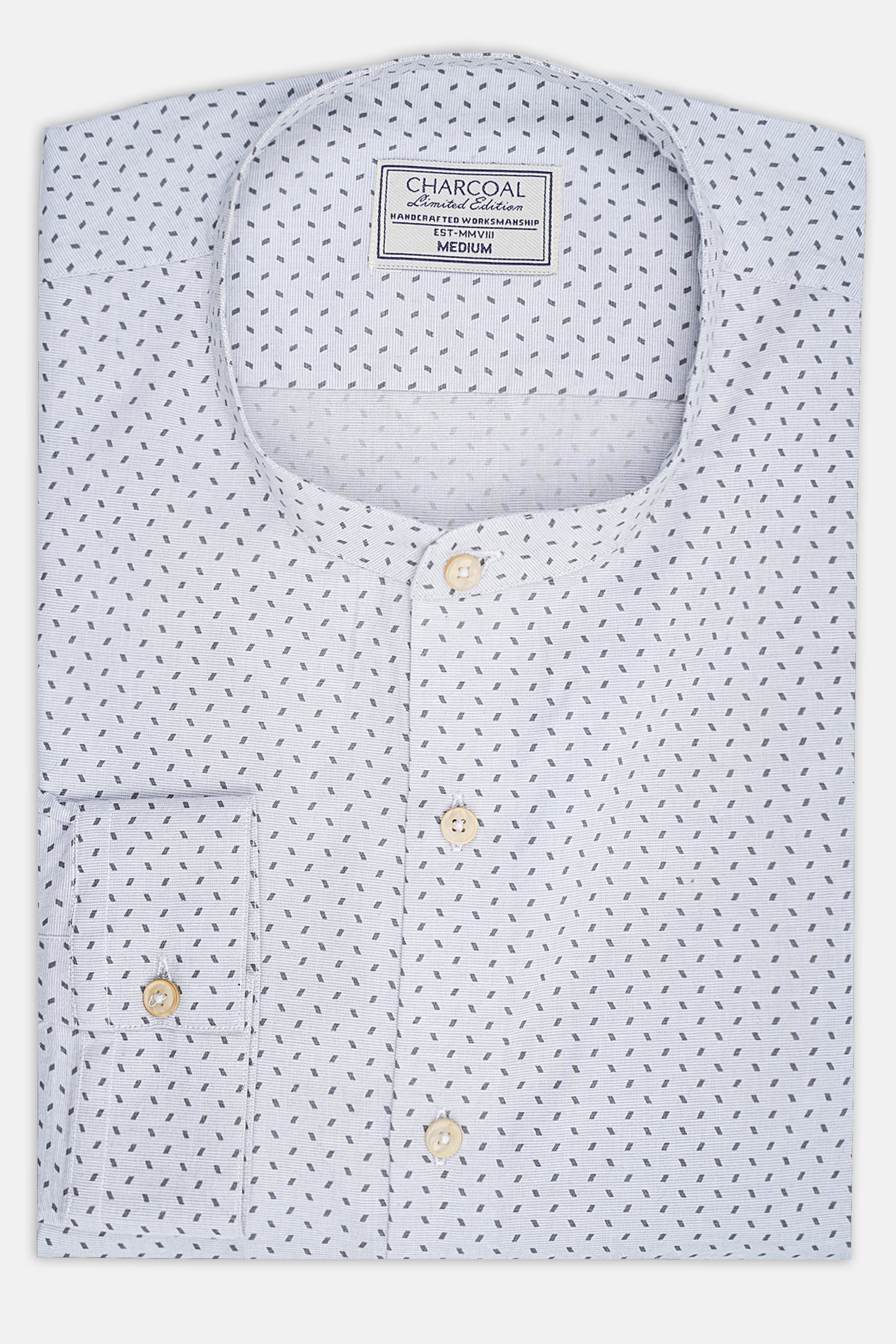 Light grey dress shirt with small black geometric pattern, button placket, spread collar