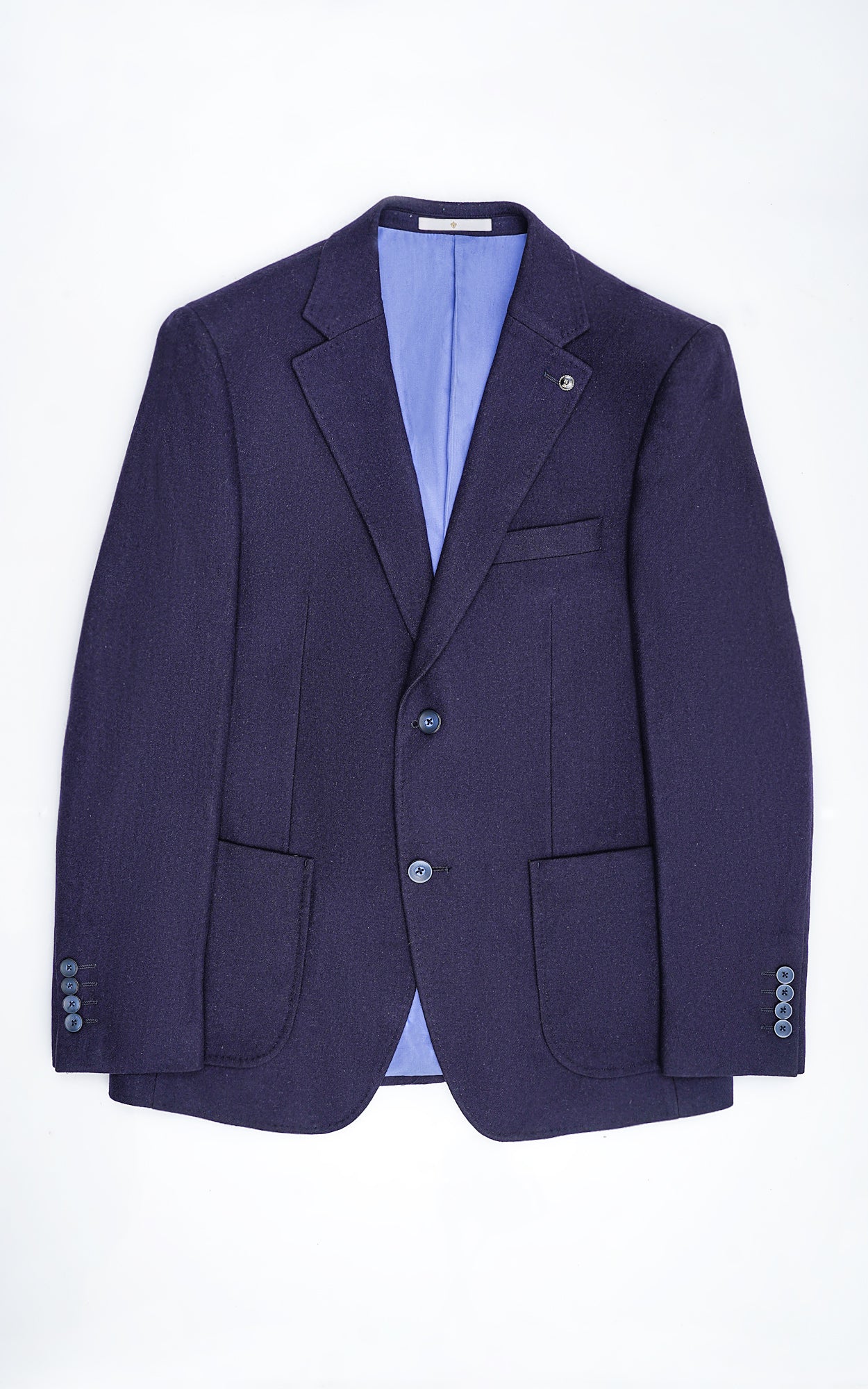 Navy woolen coat with notch lapels and two-button front closure