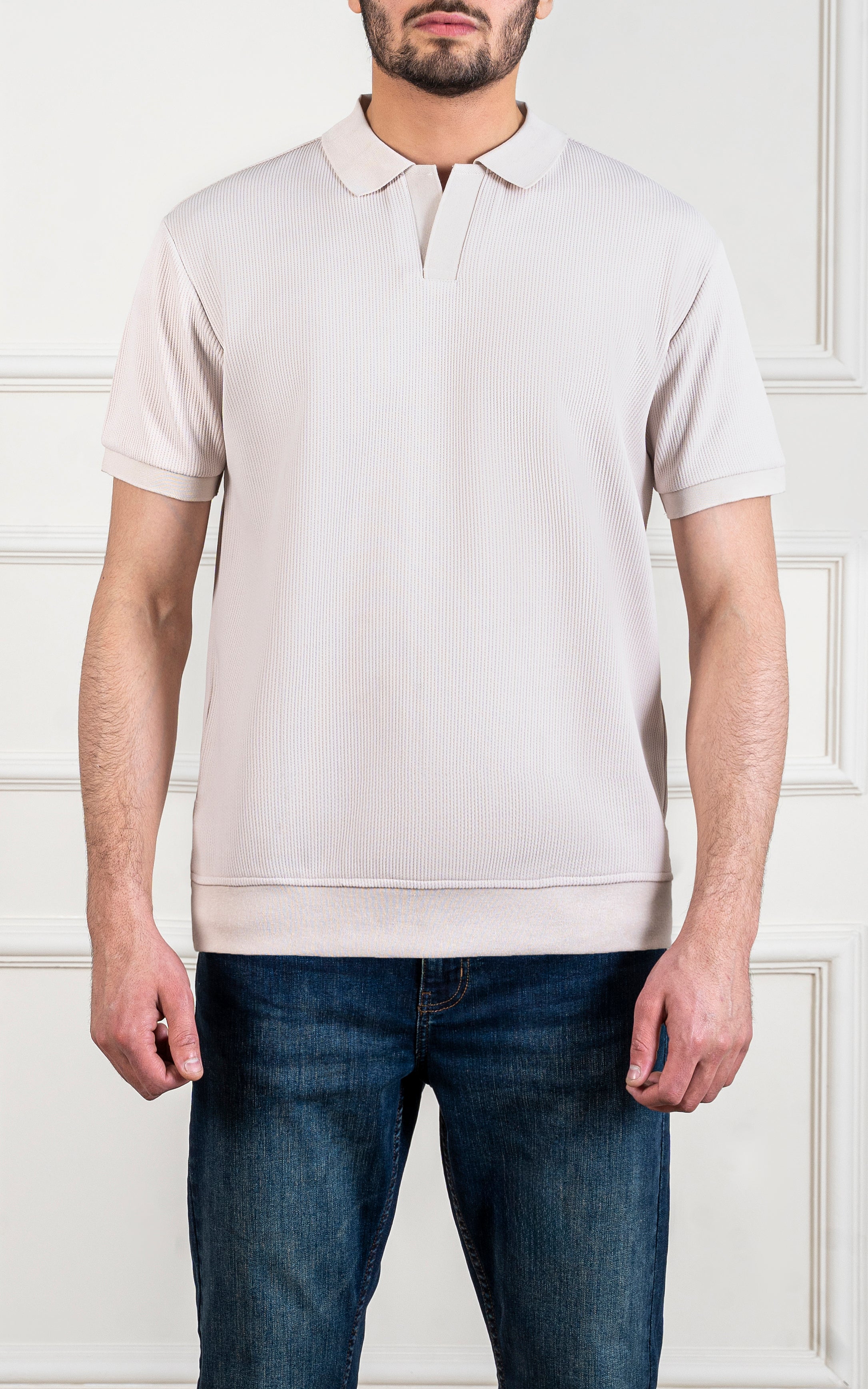 SOLID COLLAR V NECK POLO BEIGE