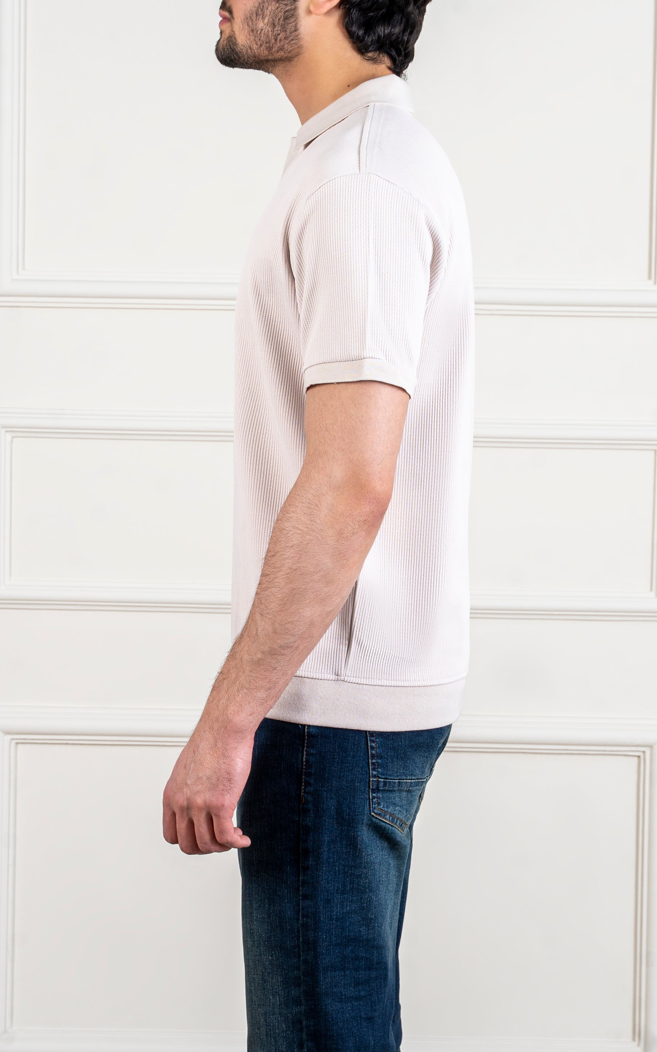 SOLID COLLAR V NECK POLO BEIGE