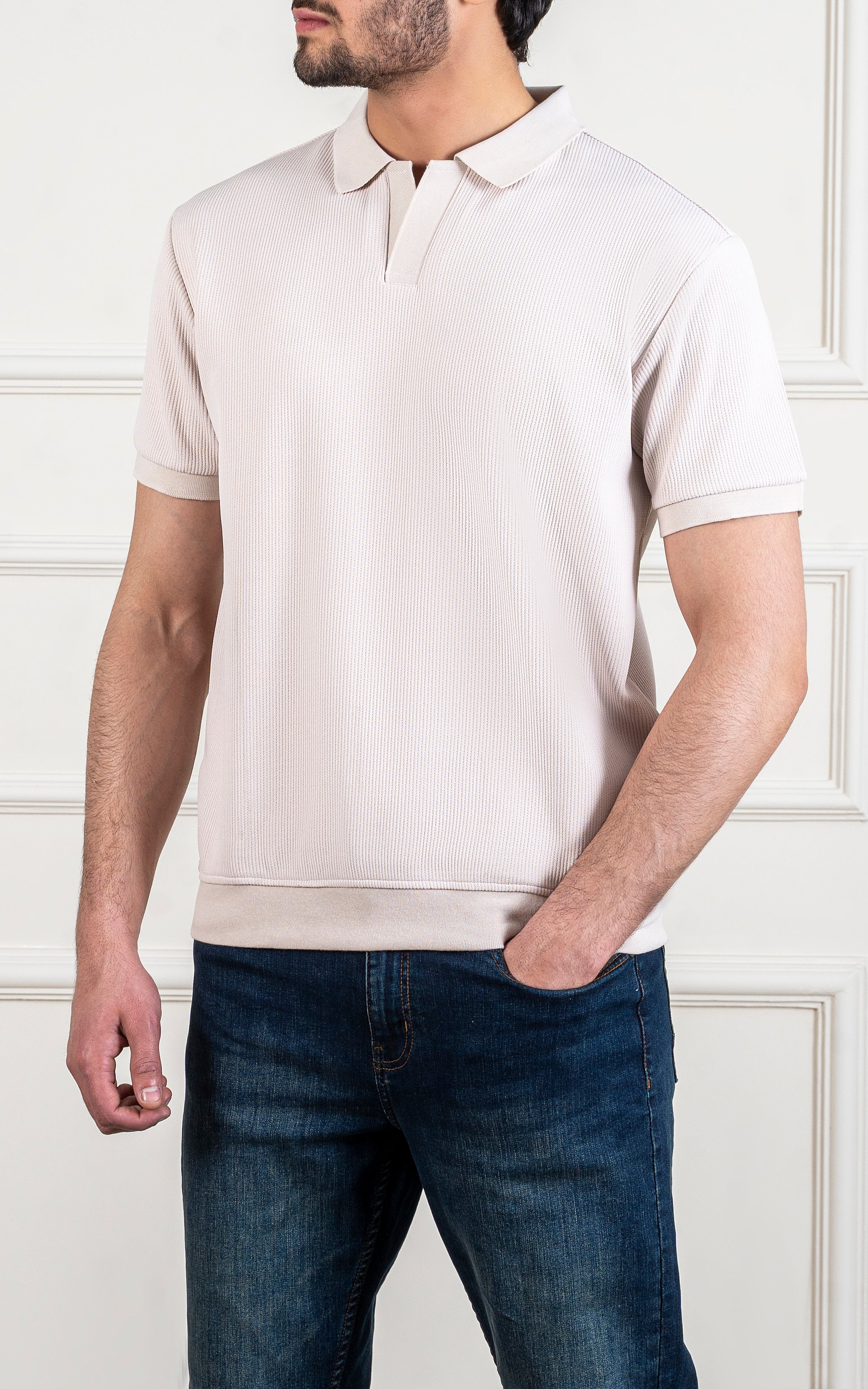 SOLID COLLAR V NECK POLO BEIGE