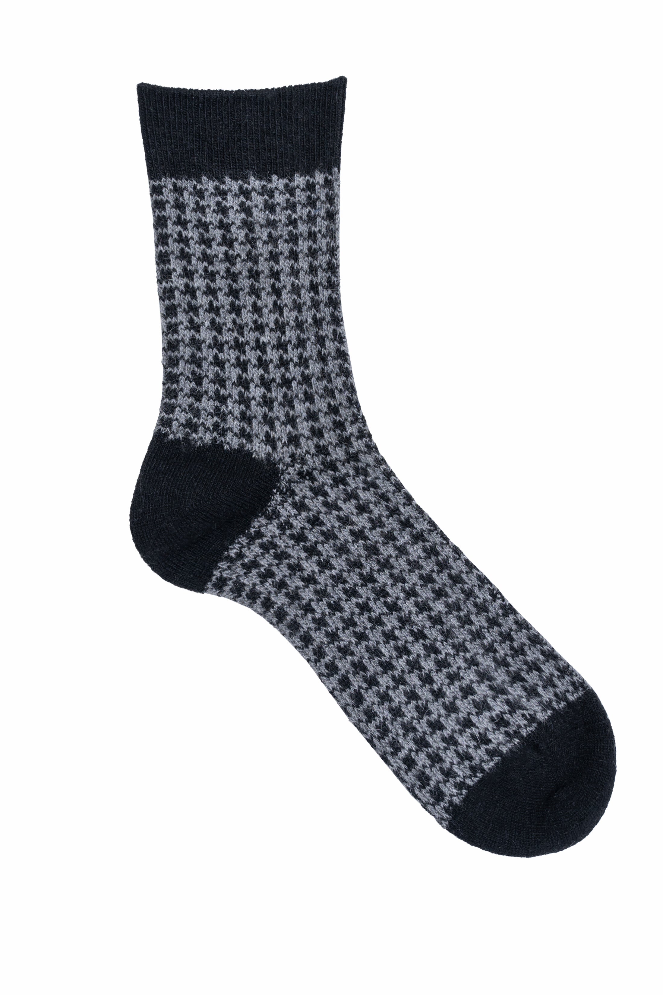 Wool socks with houndstooth pattern and dark navy cuffs