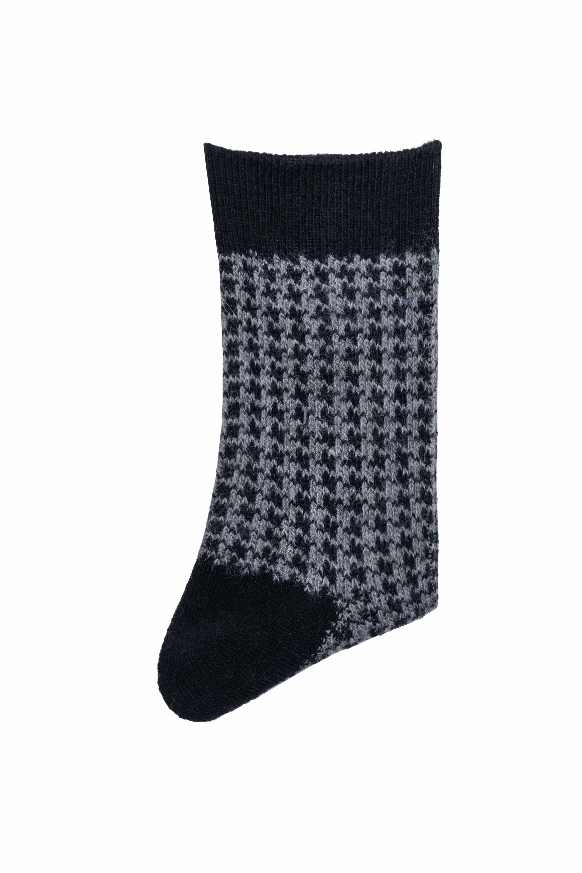 Wool socks with houndstooth knit and dark navy toe and heel