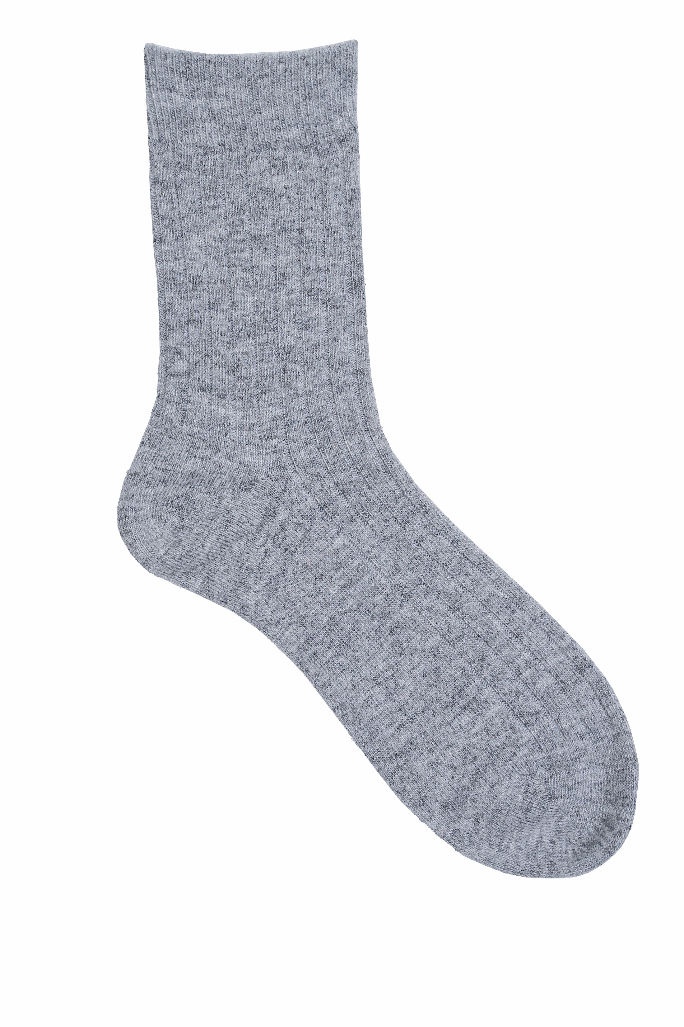 Gray wool crew sock with ribbed cuff and rounded toe