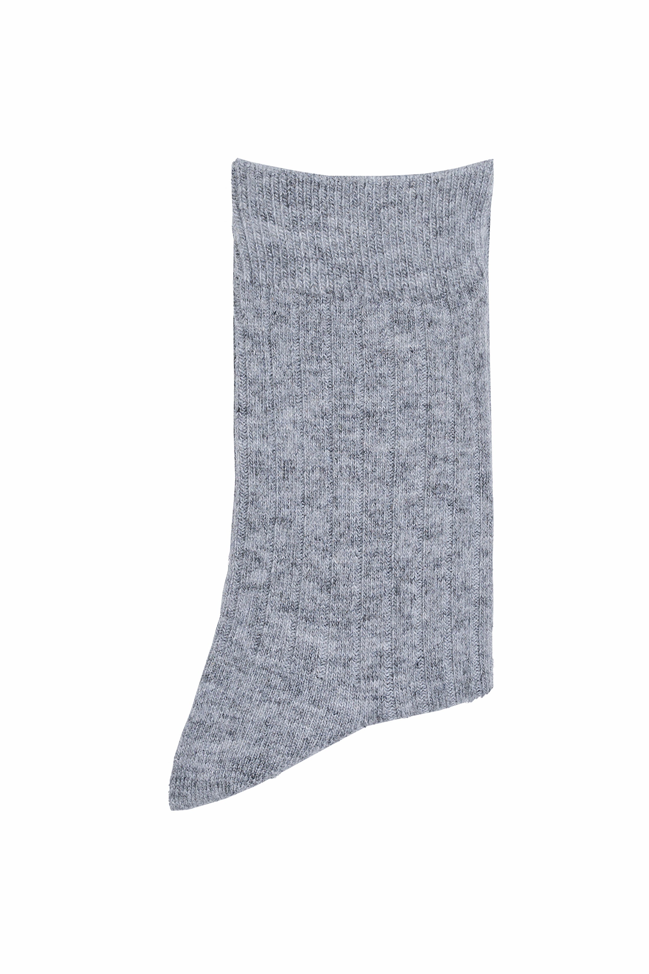 Gray wool crew sock angled view, ribbed cuff and smooth knit foot