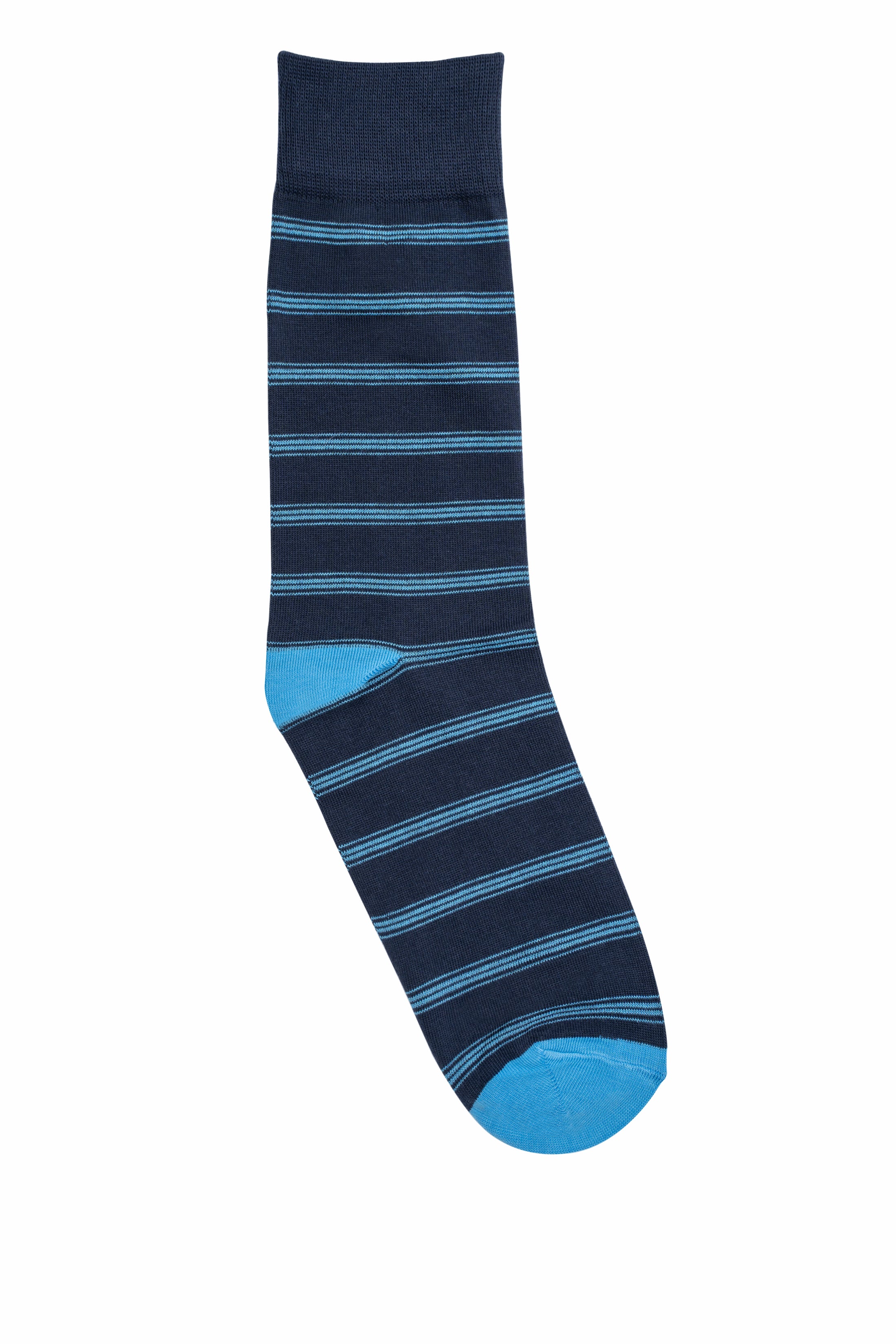Navy wool socks with blue horizontal stripes and ribbed cuff