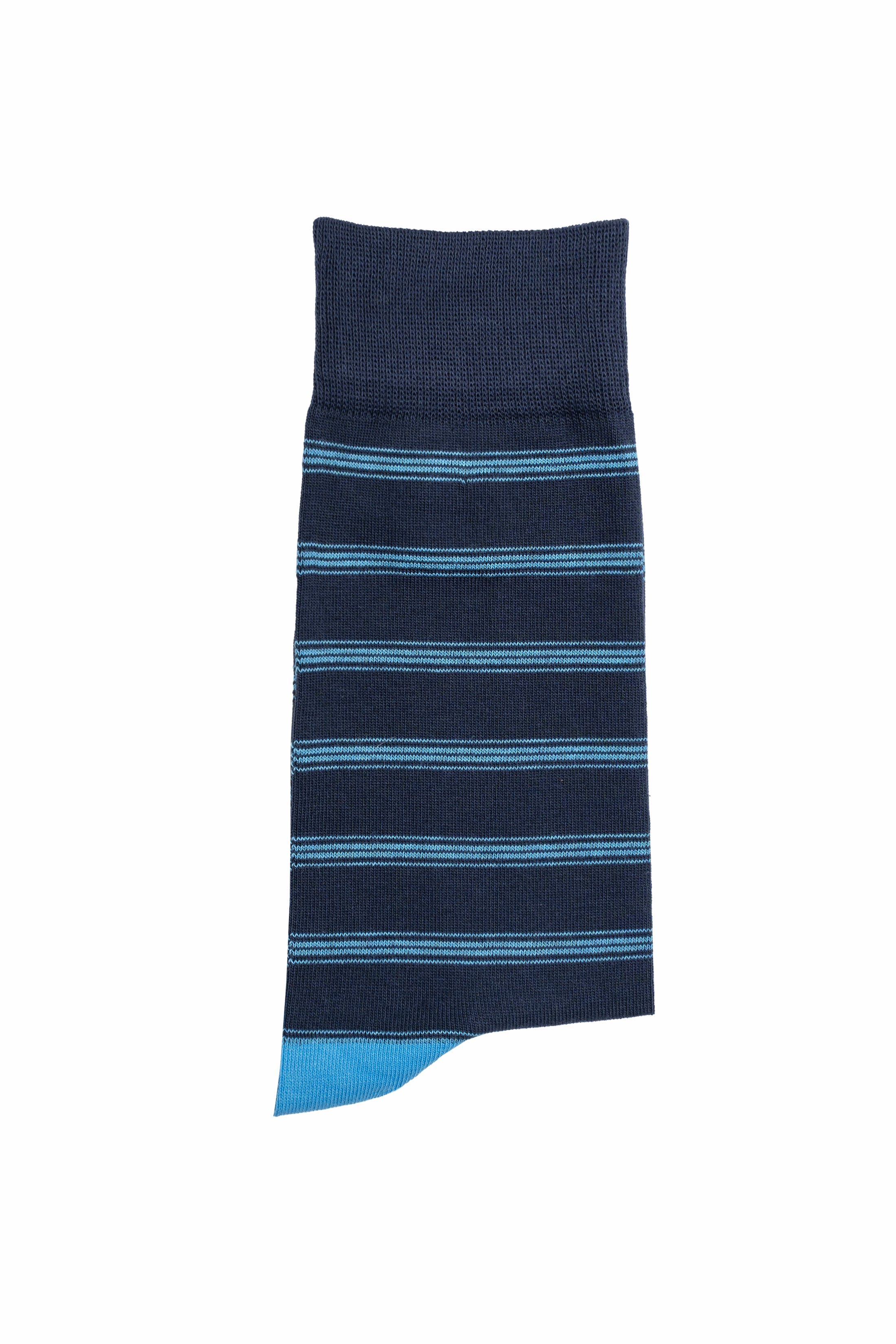 Navy wool crew socks with thin blue striped bands and ribbed top