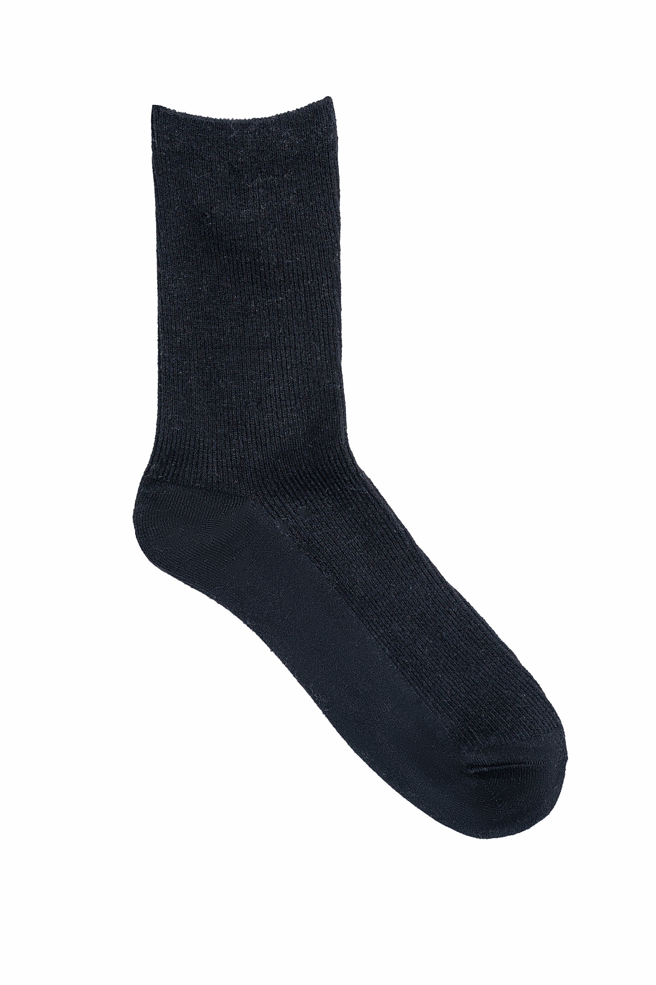 Dark wool crew sock, ribbed knit cuff and smooth toe area