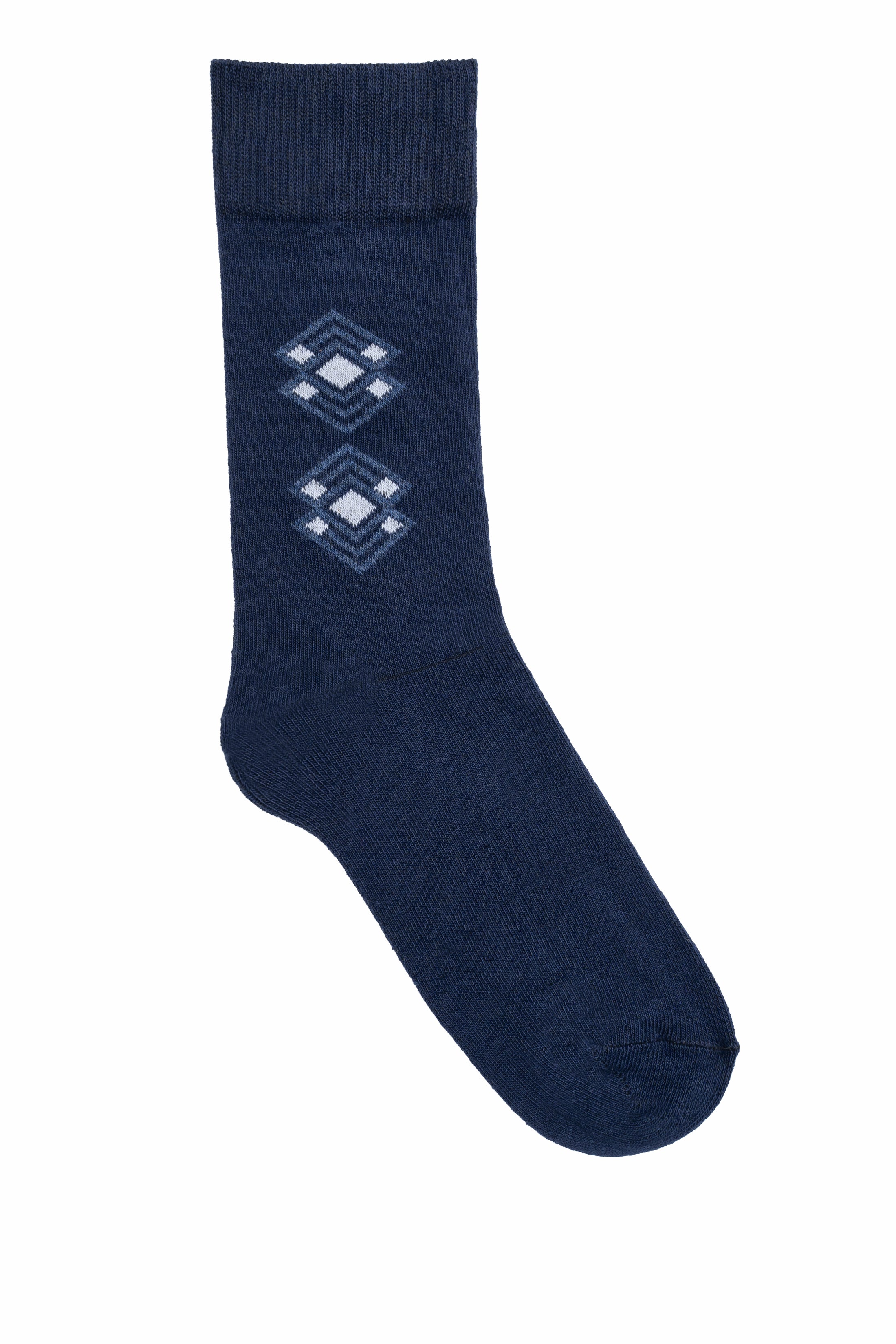 Navy wool crew socks with diamond argyle pattern and ribbed cuff