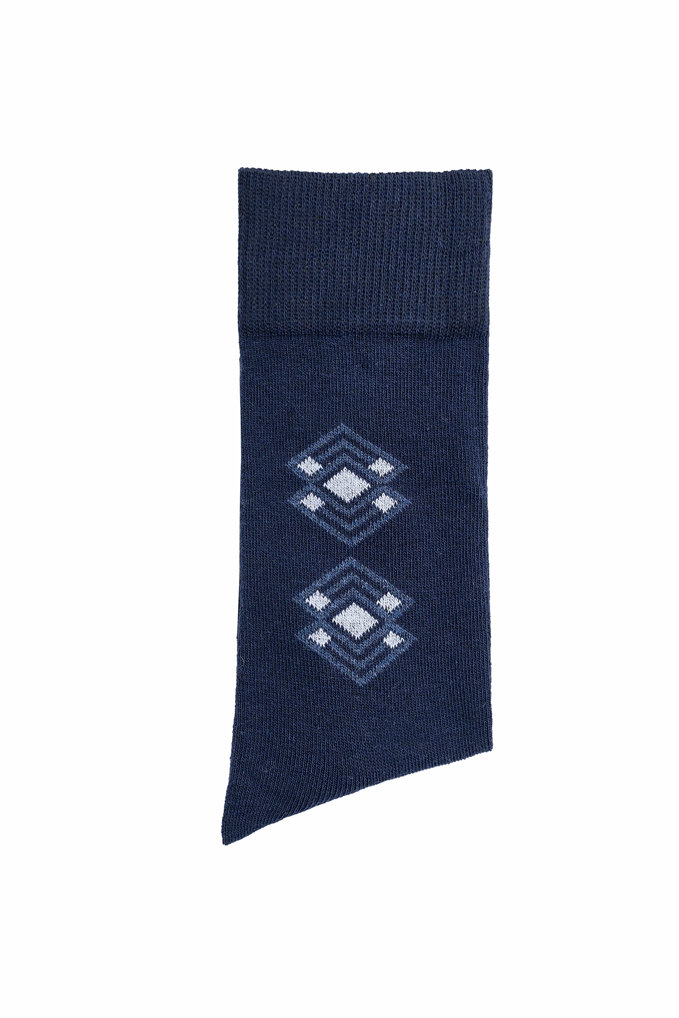 Navy wool crew socks with two diamond motifs and ribbed cuff