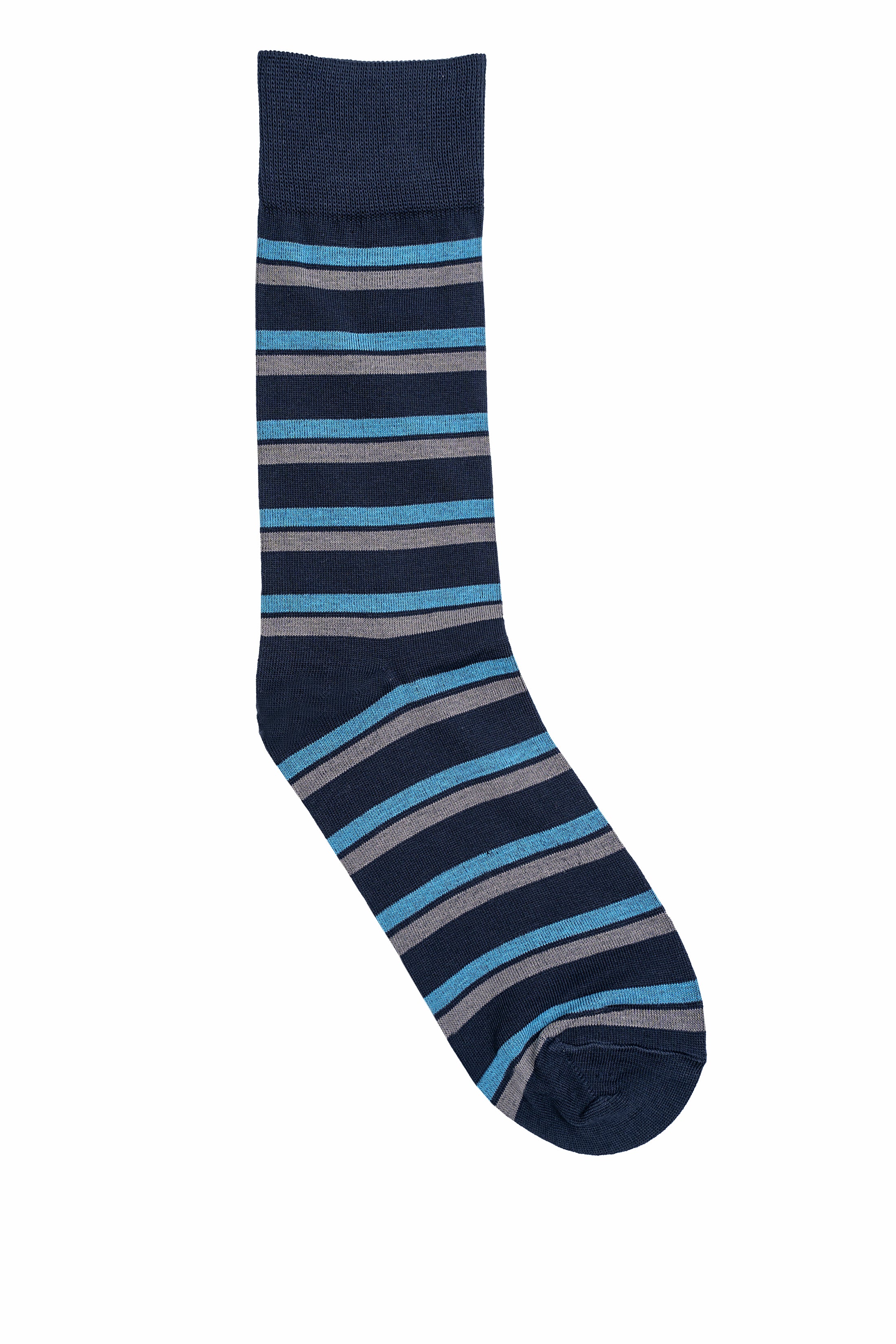 Wool sock with ribbed cuff and blue/gray horizontal stripes on dark base