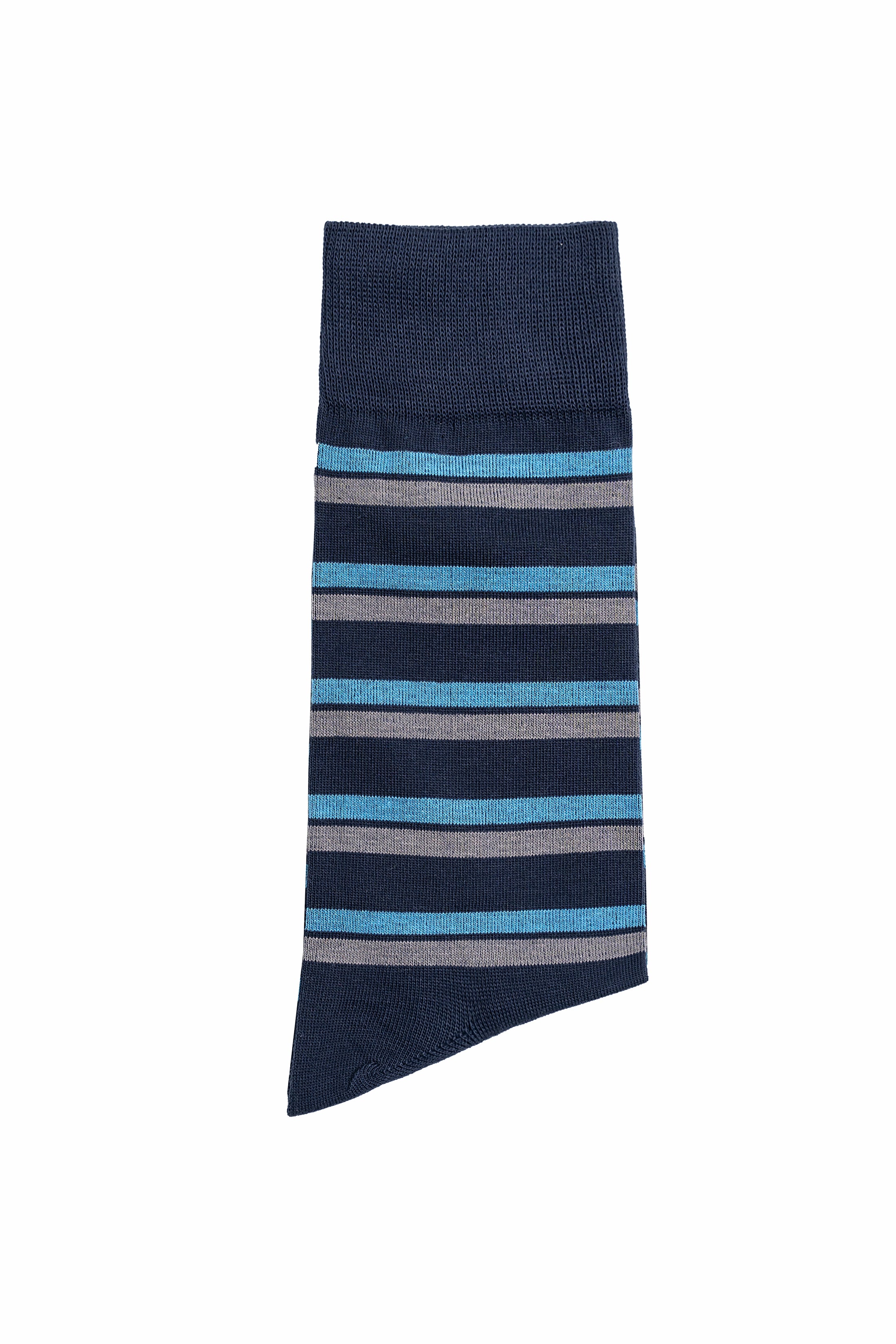 Wool socks with dark navy cuff and blue/gray striped shaft