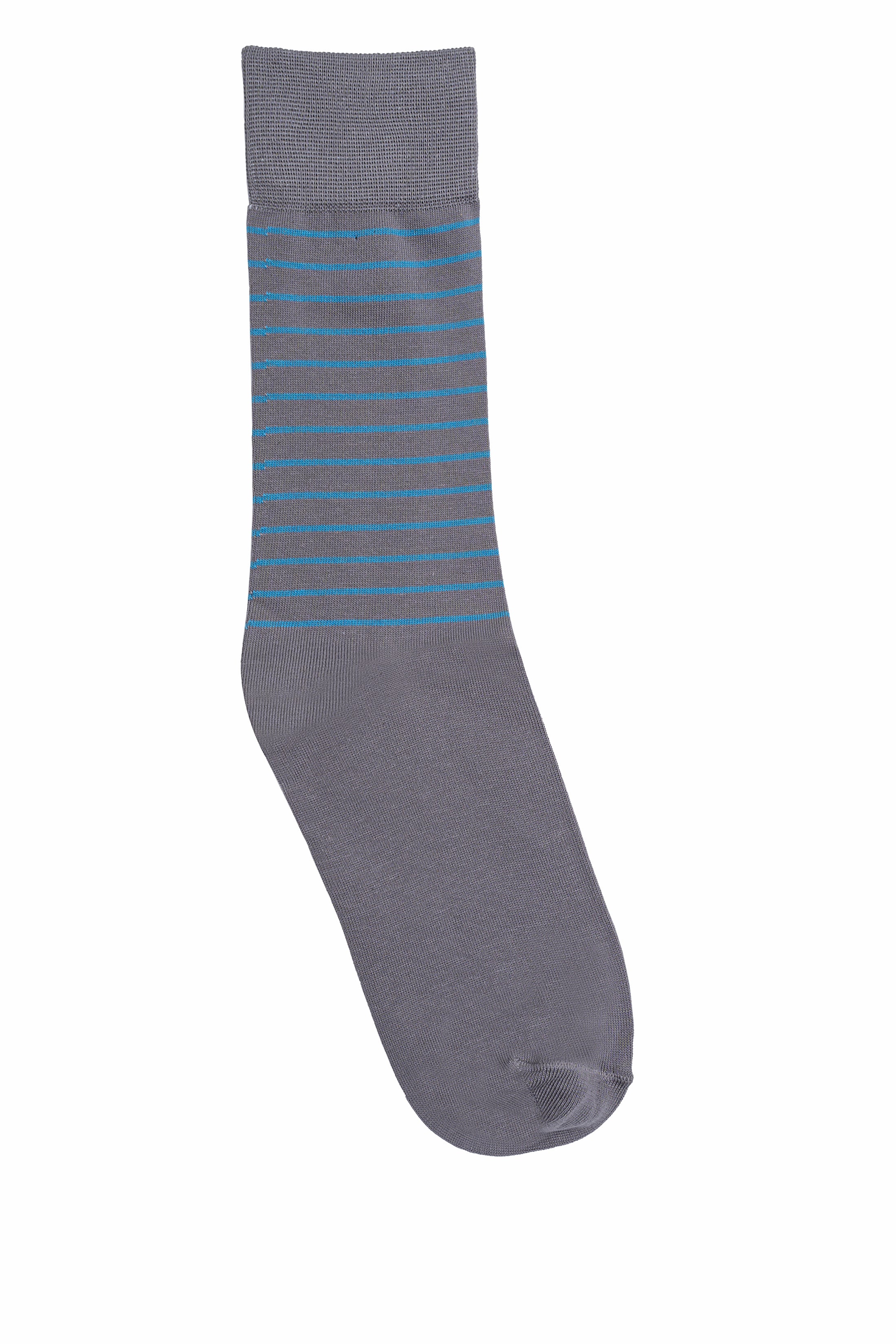 Wool socks in dark gray with blue horizontal stripes and ribbed cuff