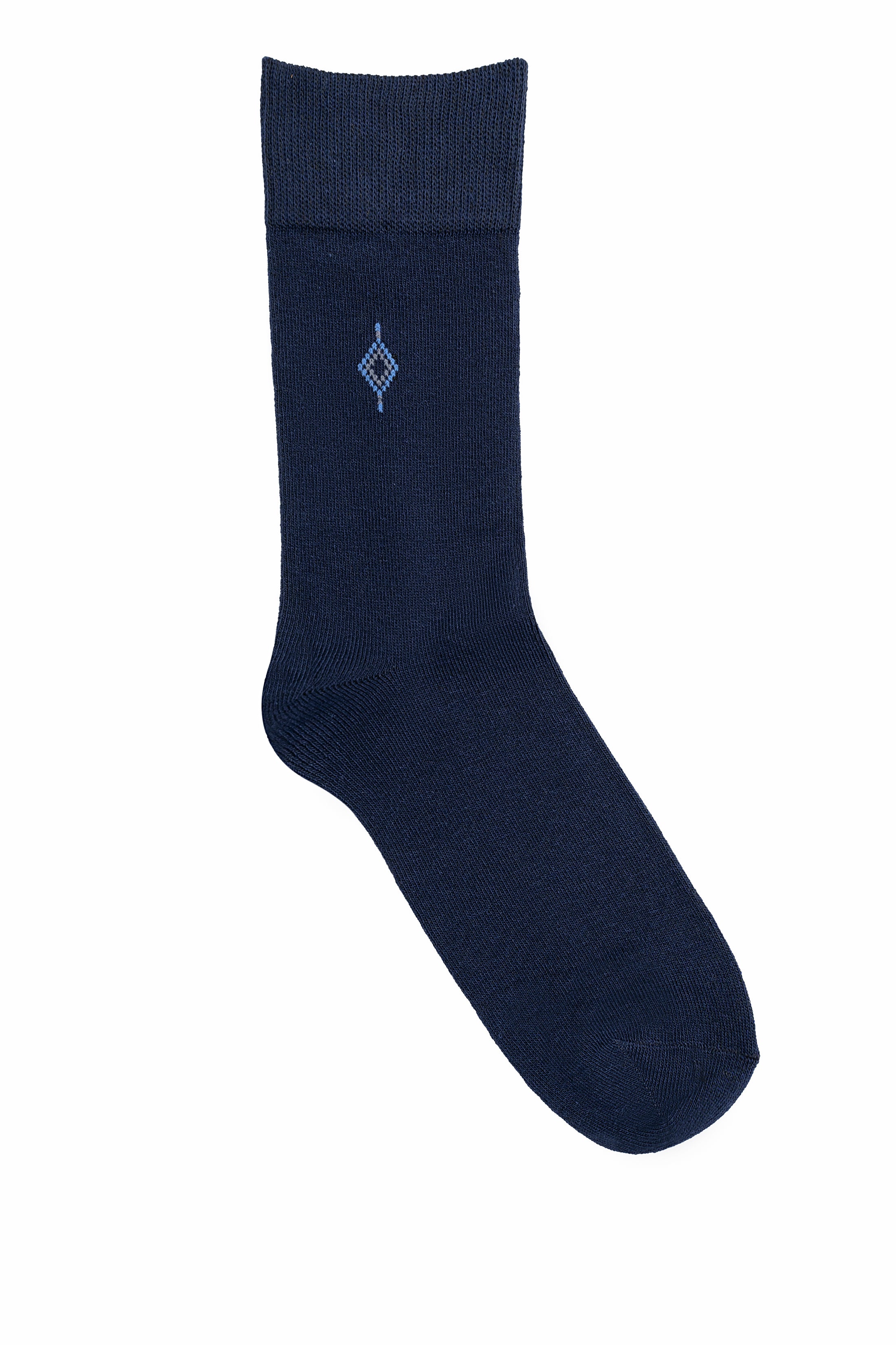 Pair of crew socks, dark blue wool with light diamond pattern