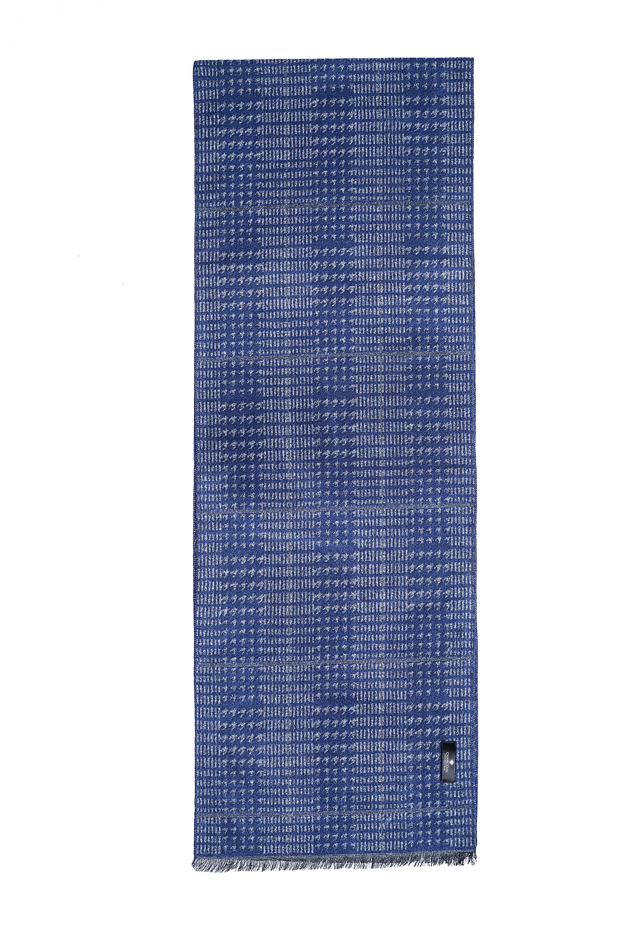 Blue patterned scarf with fringed ends and small logo label