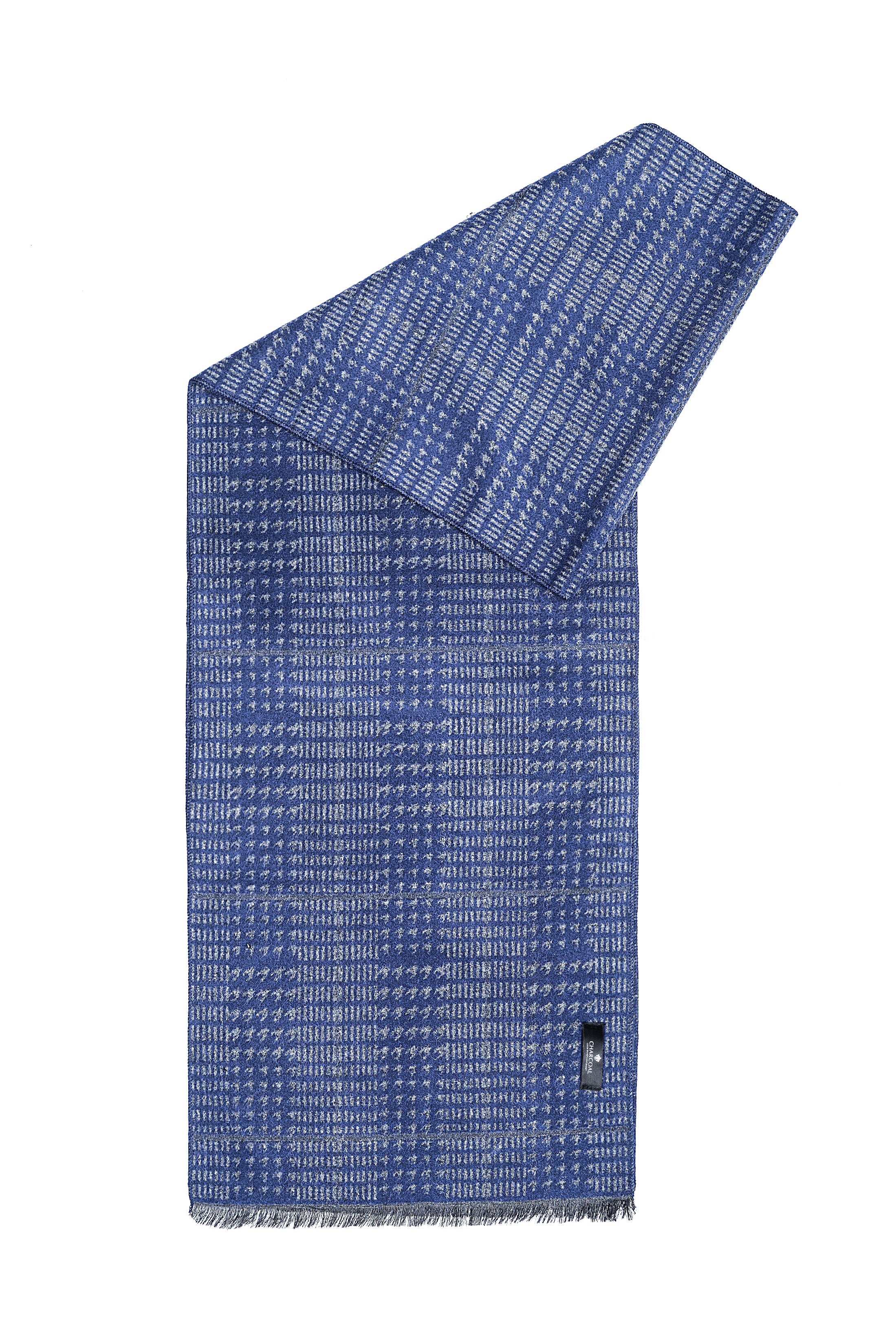 Blue patterned scarf, folded with fringed edge and logo label