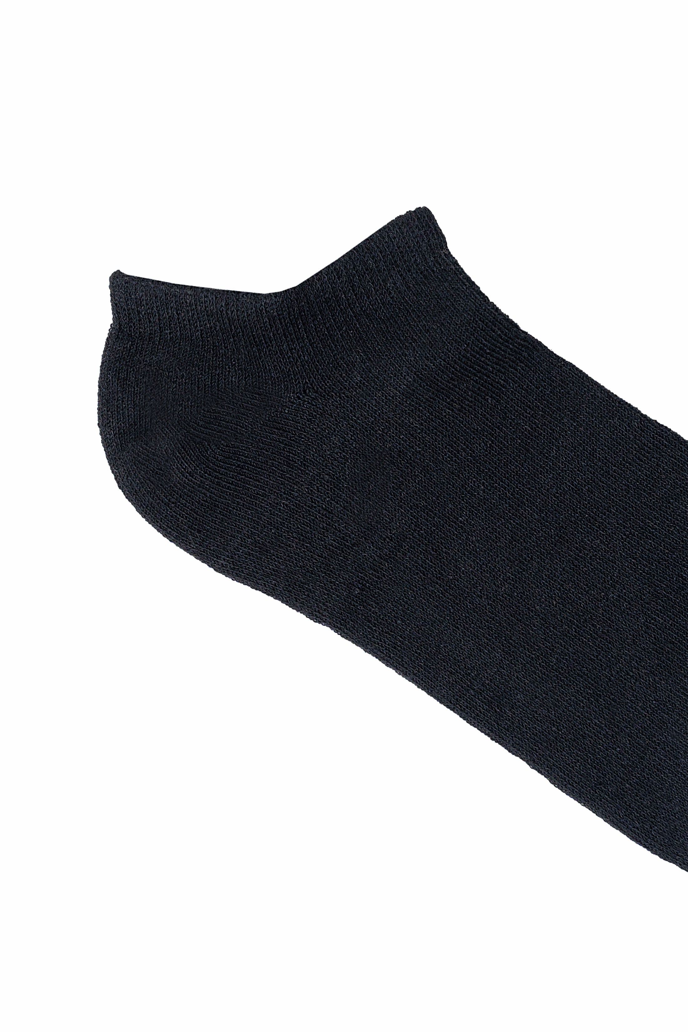 Dark no-show loafer sock in textured knit, cuff edge visible