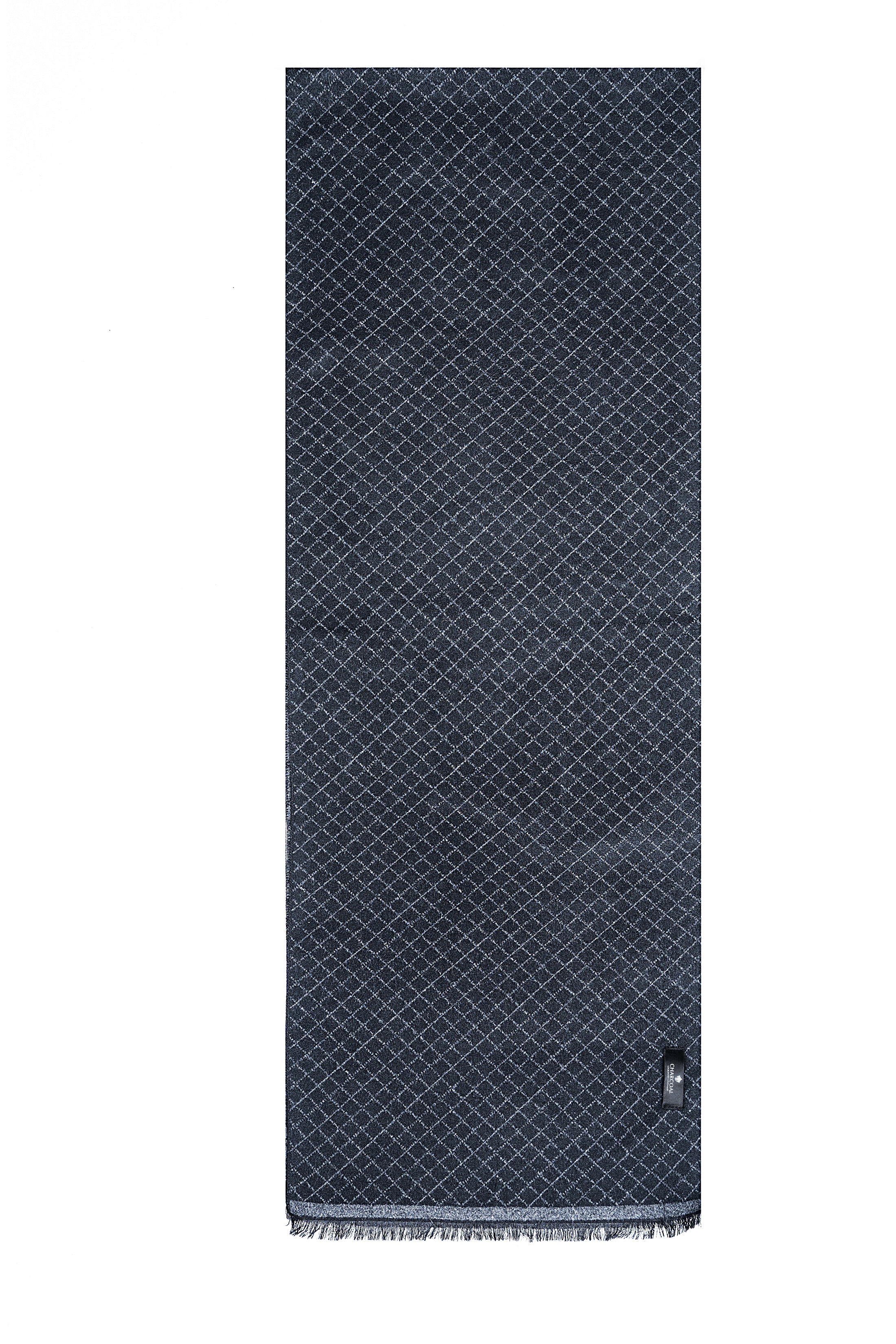 Dark blue patterned scarf with small repeating grid and fringed edge