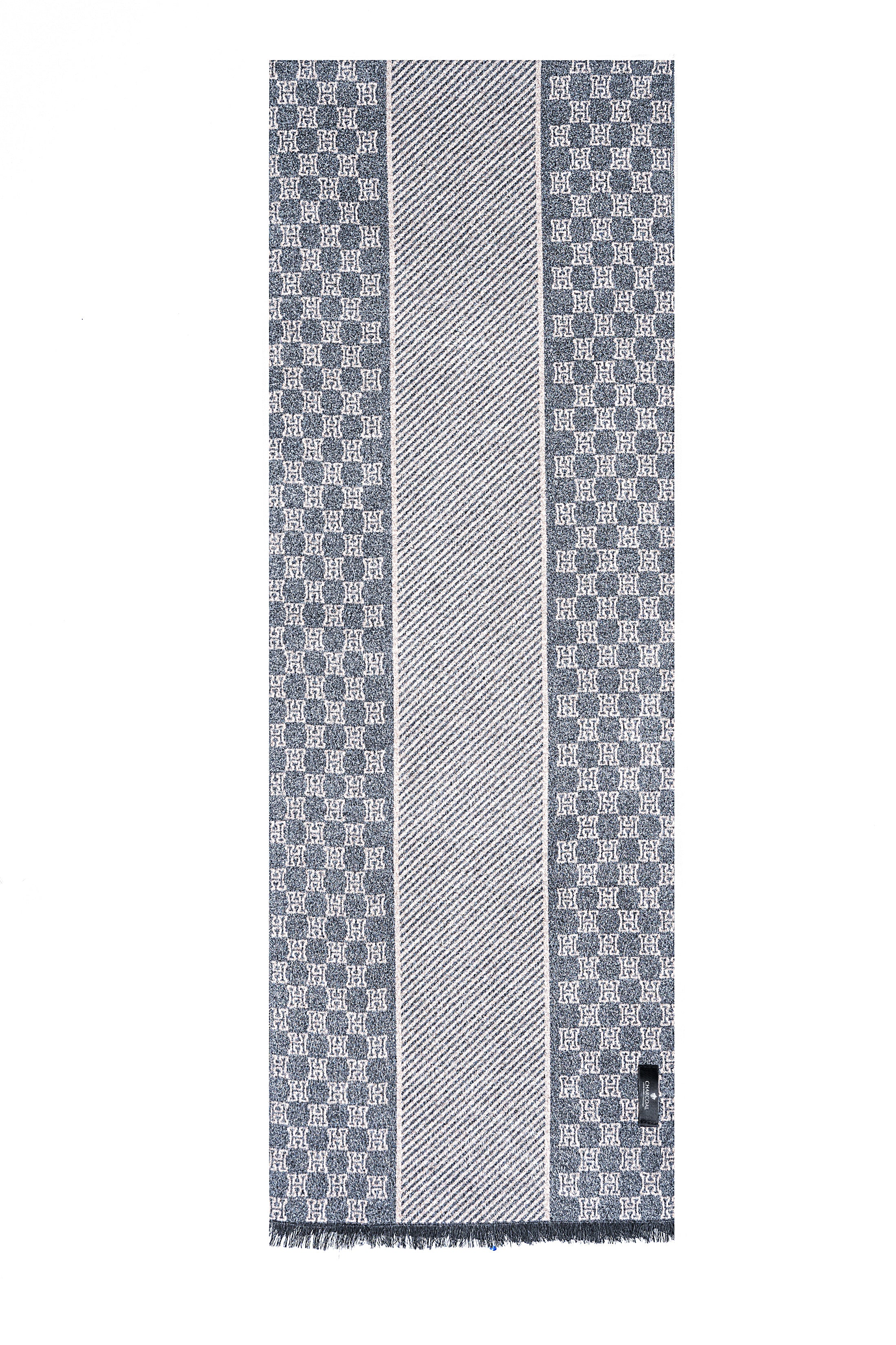 Blue and gray patterned scarf with repeating monogram letters and center stripe