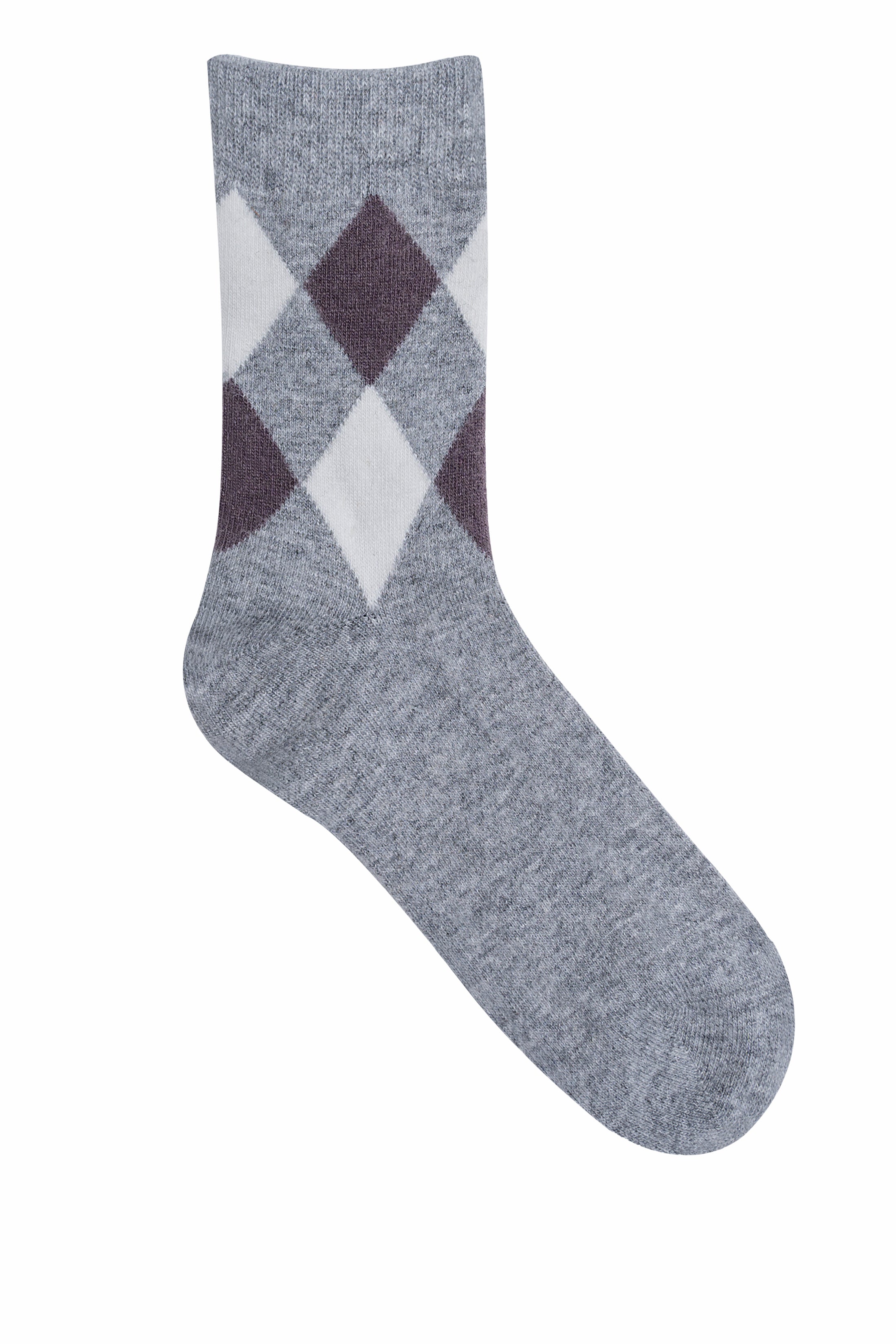 Gray wool socks with dark argyle and white diamonds