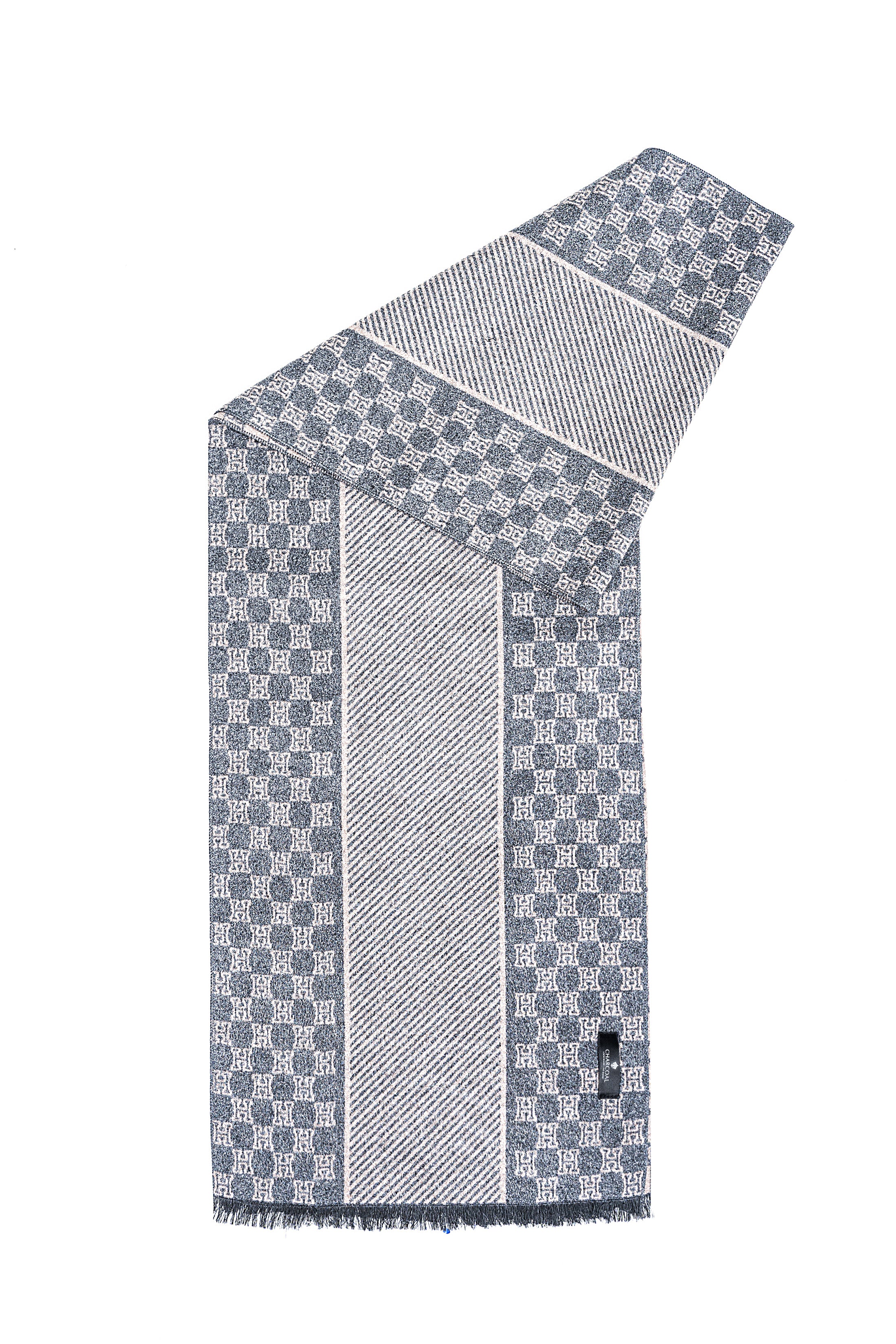 Blue and gray scarf with geometric monogram grid, striped center, fringed ends