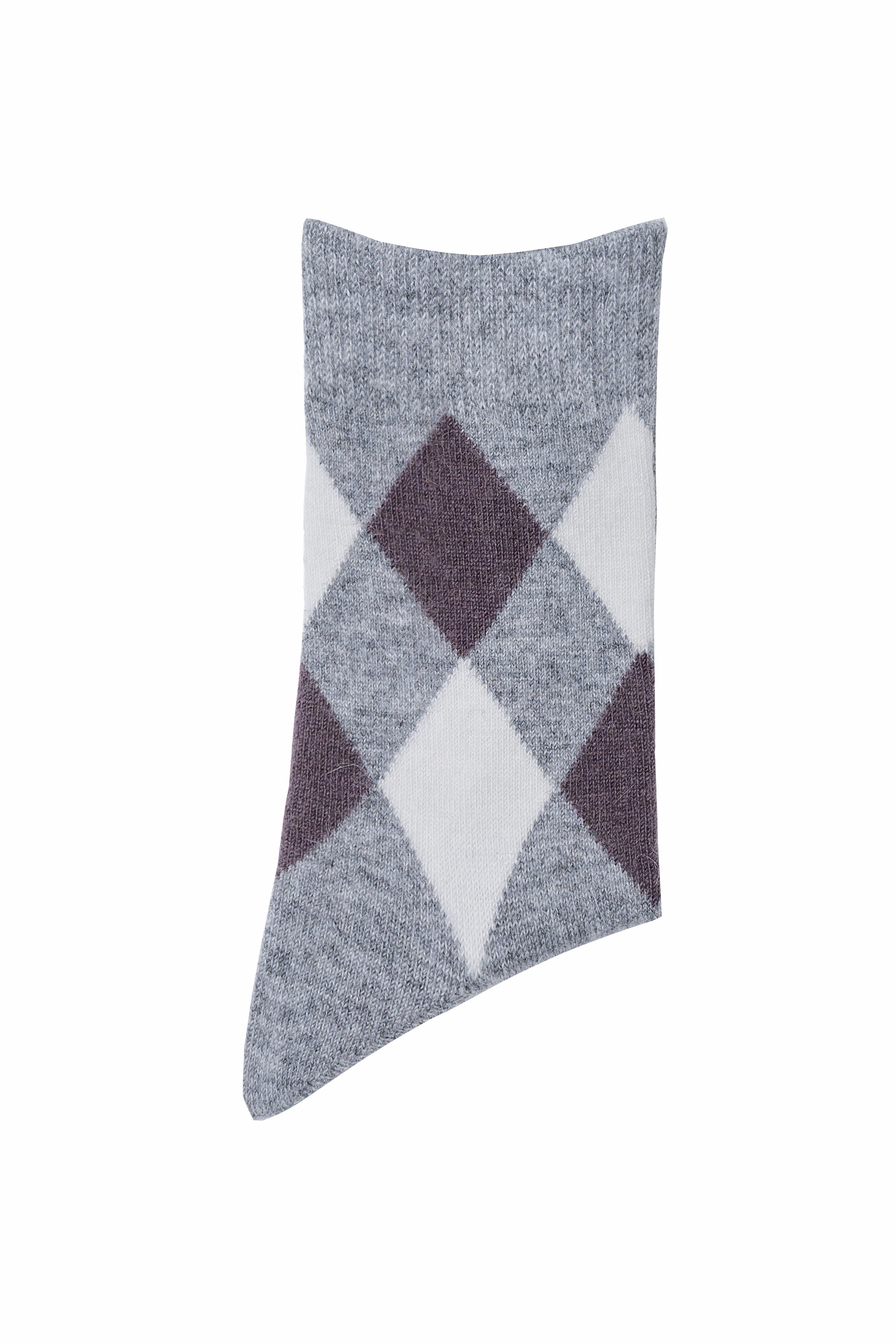 Gray wool socks with dark brown argyle diamonds and white pattern
