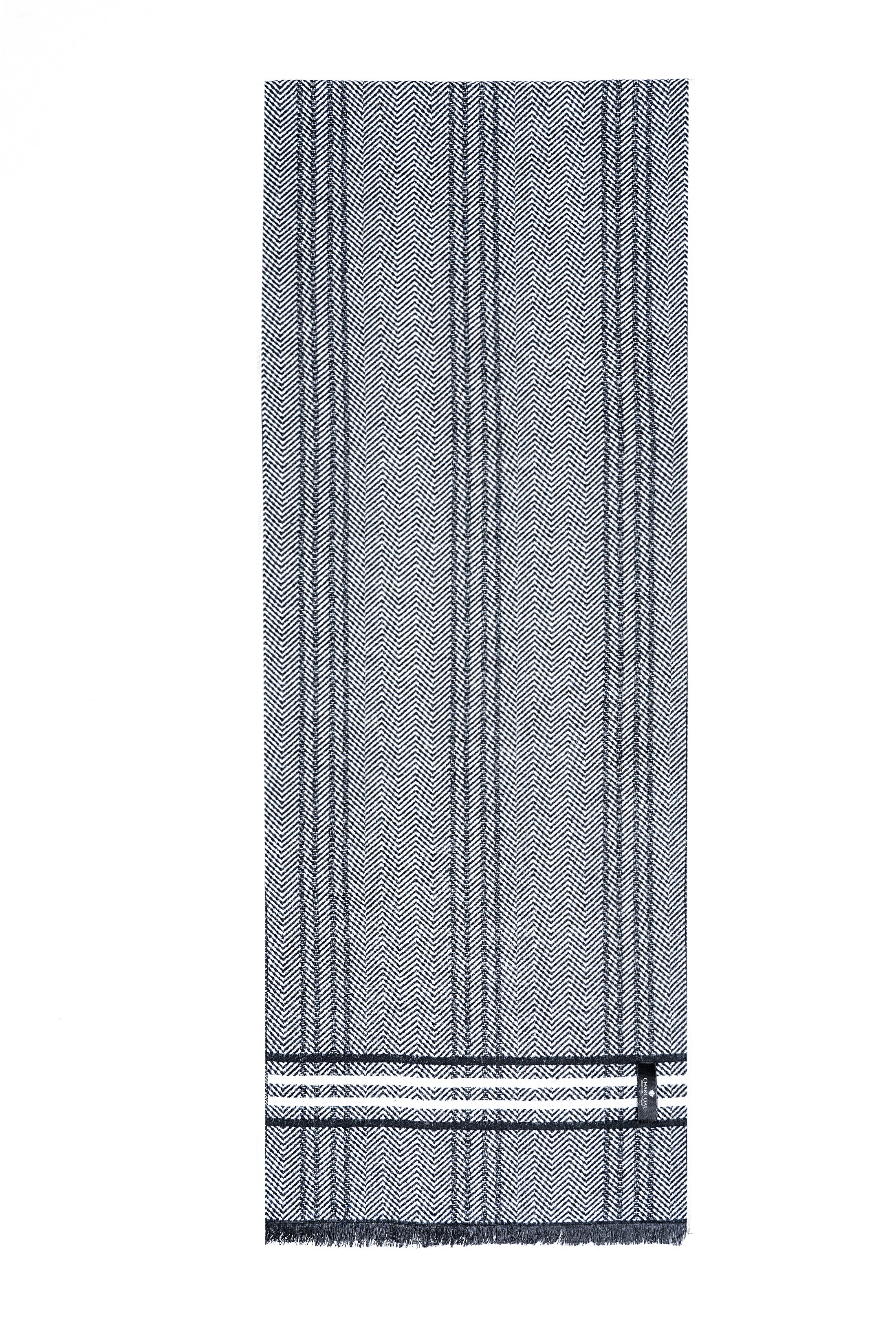 Dark navy herringbone scarf with fringed ends and striped trim