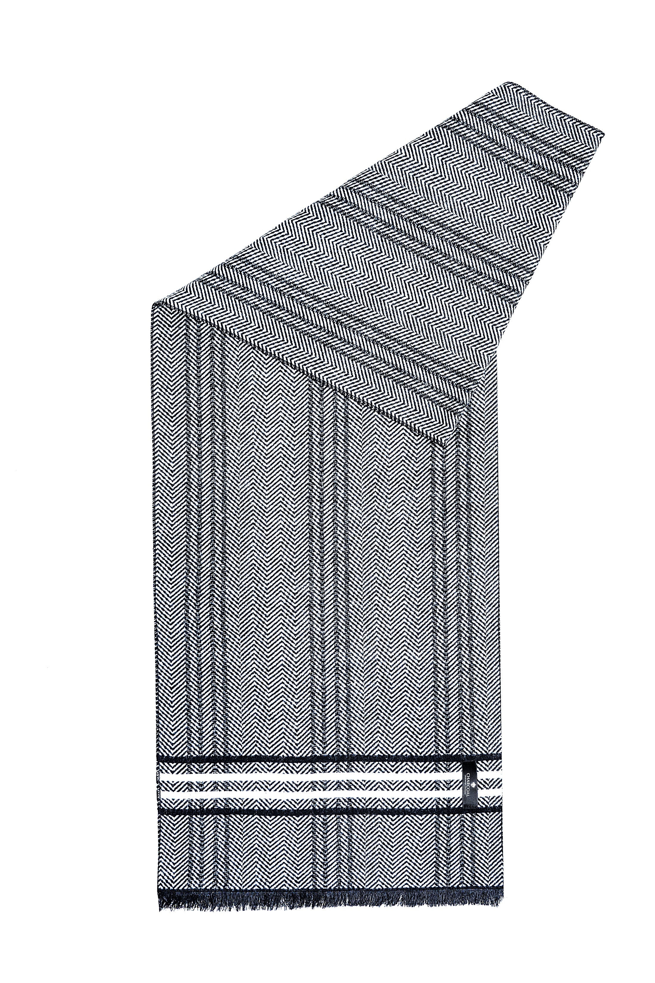 Folded dark navy herringbone scarf with fringed edge and striped band