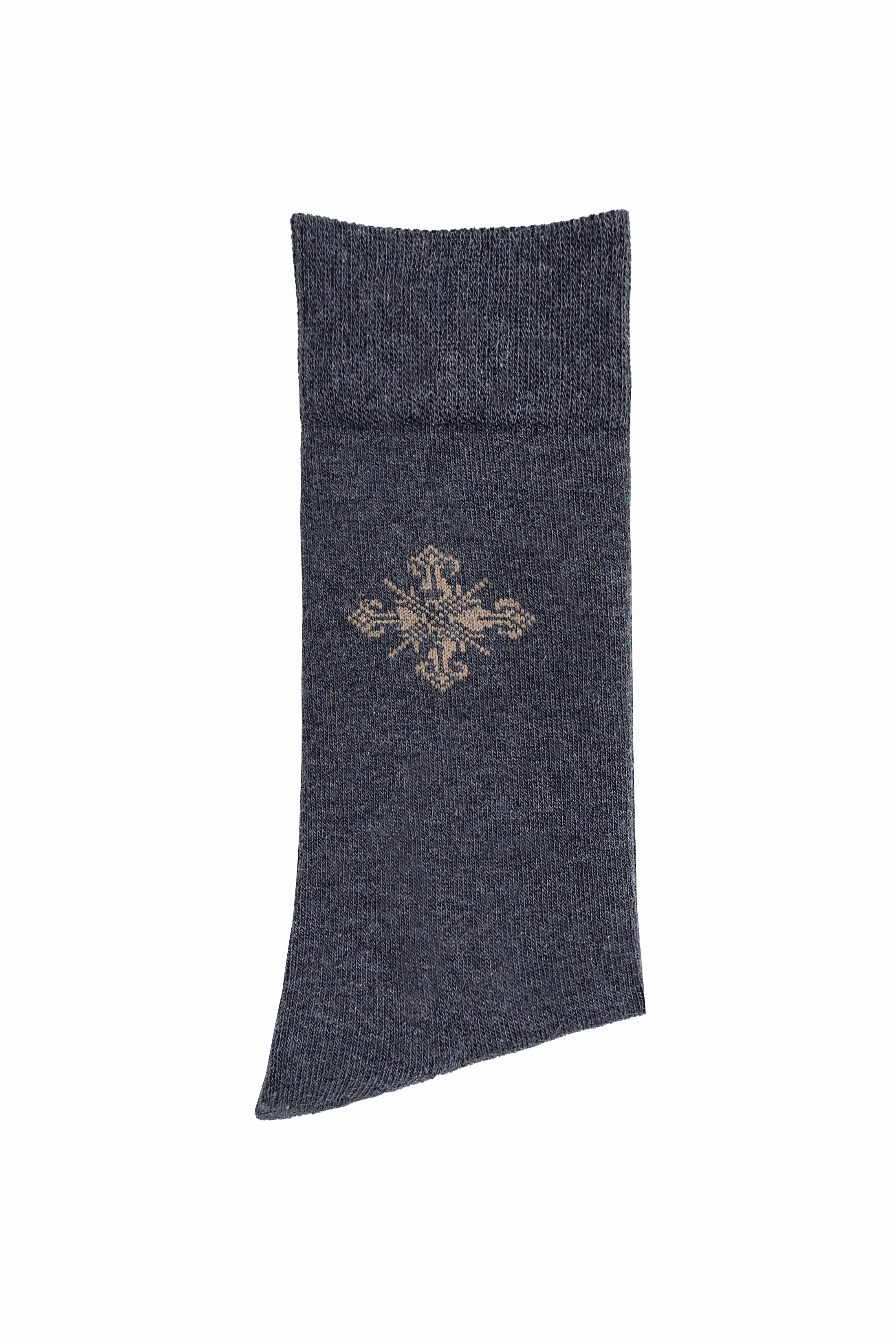 Wool socks dark blue-gray with gold motif at ankle, folded top view