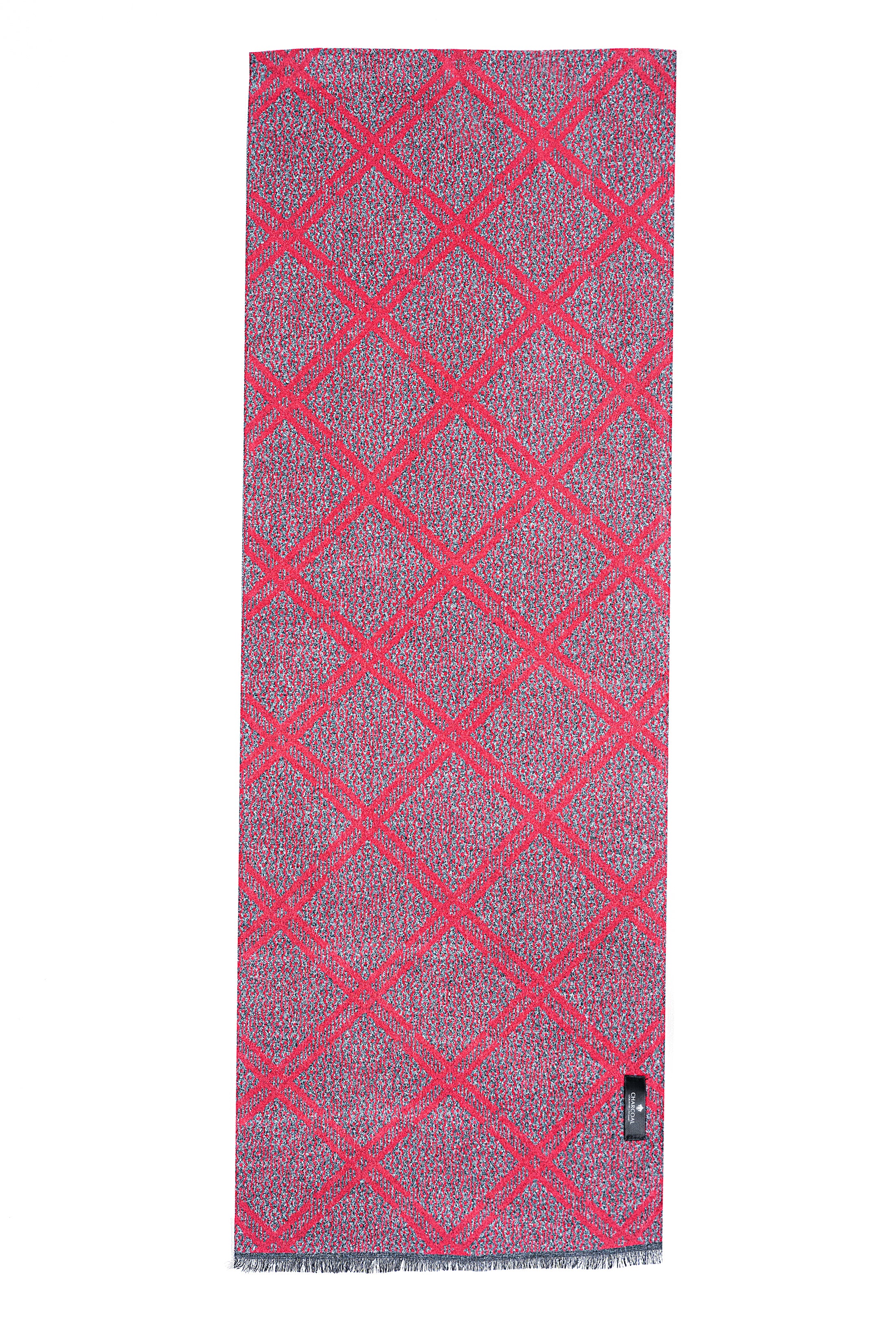 Red diamond check scarf with fringed ends, dark gray border