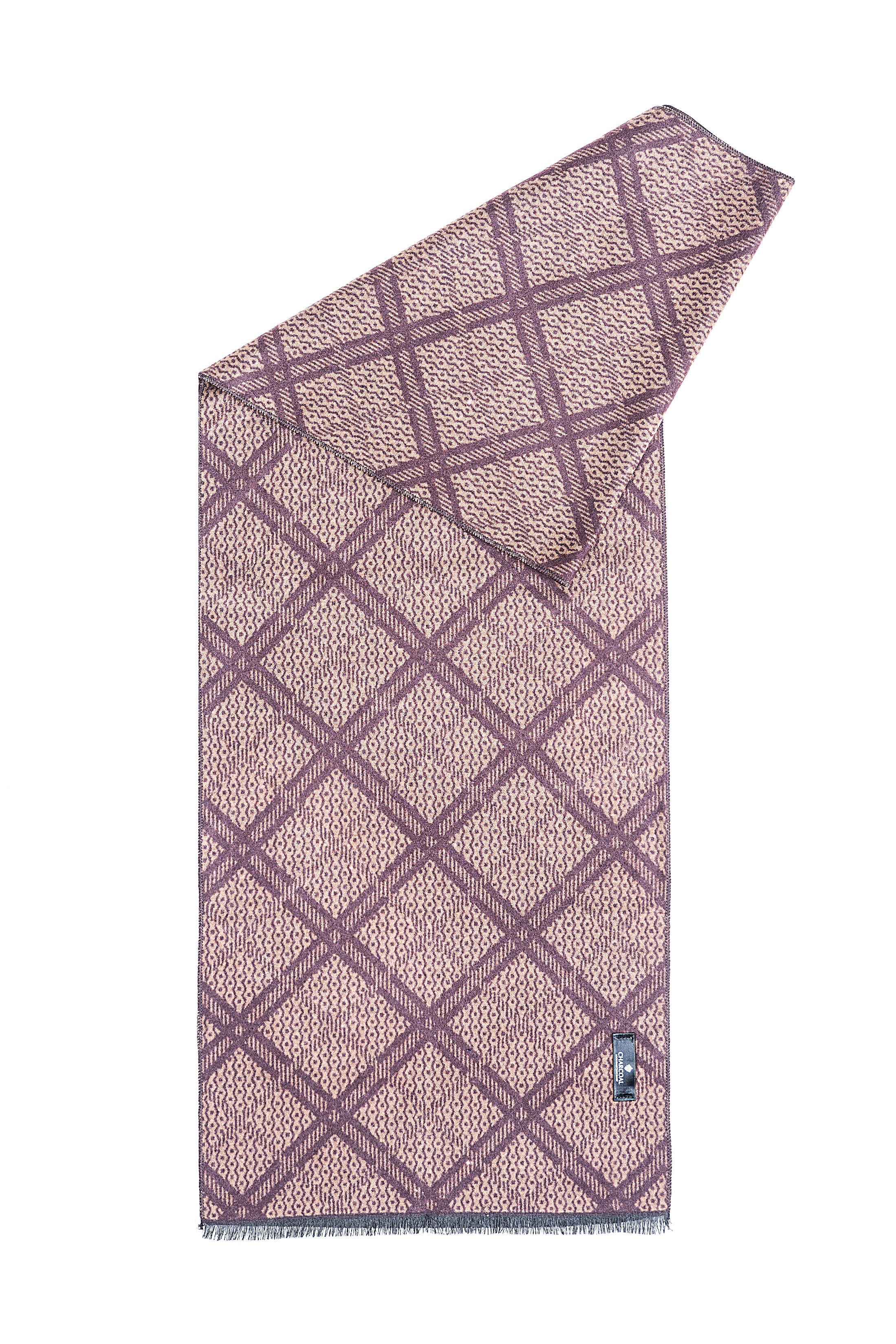 Scarf with mauve and plum diamond plaid, corner view and stitched hem