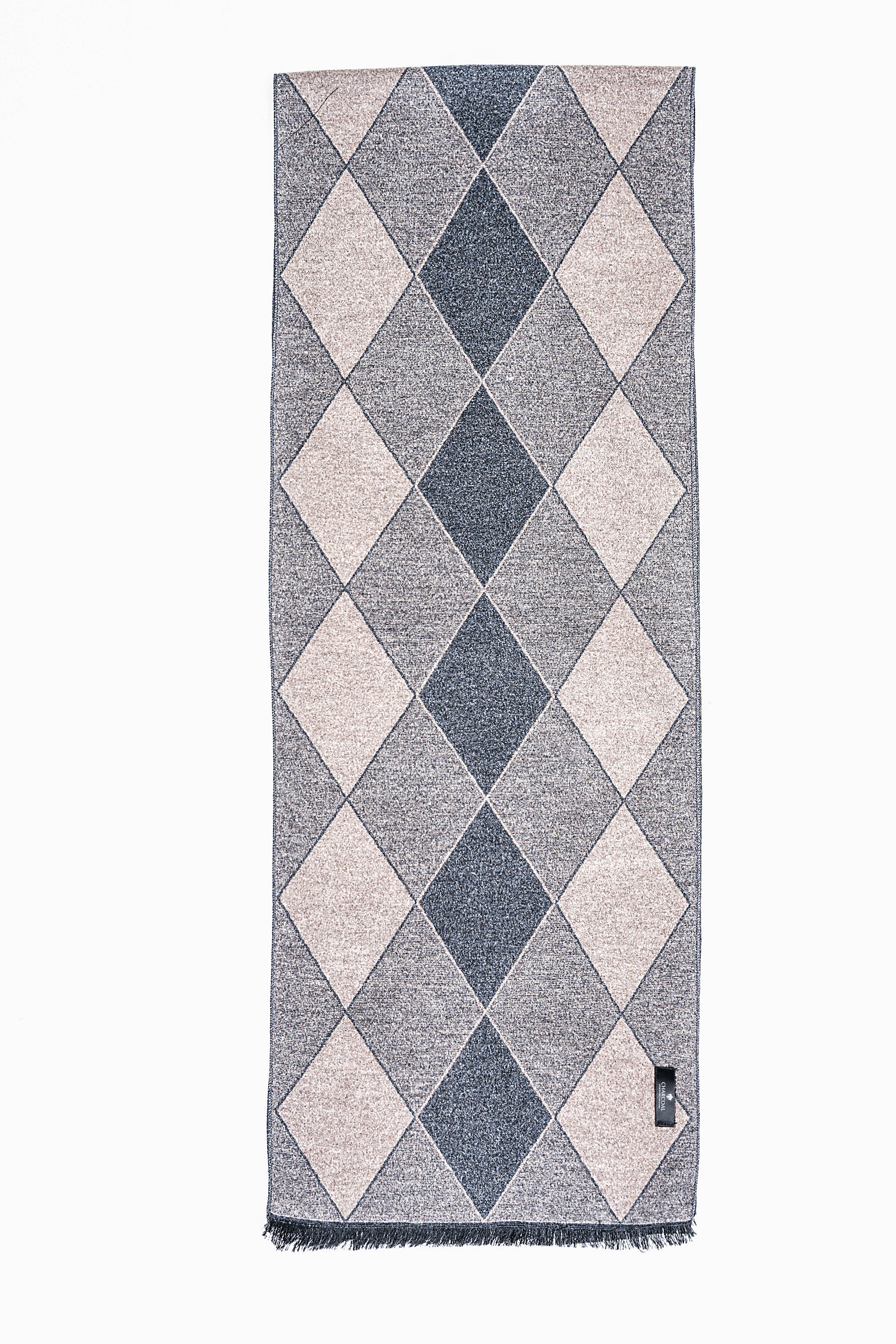 Argyle diamond scarf in blue, cream, with fringed edges