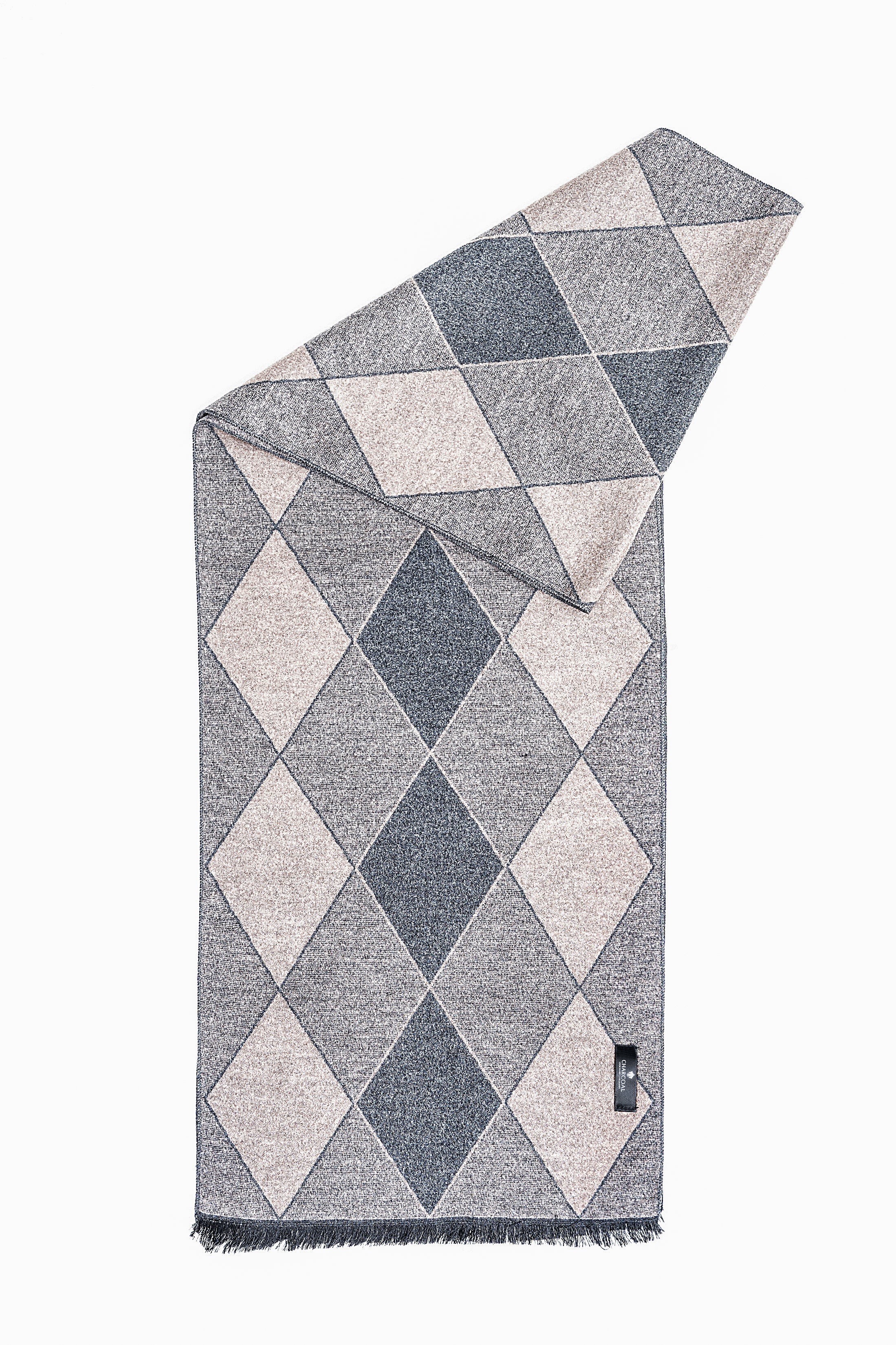 Argyle diamond scarf in blue and cream with fringed hem, fabric label