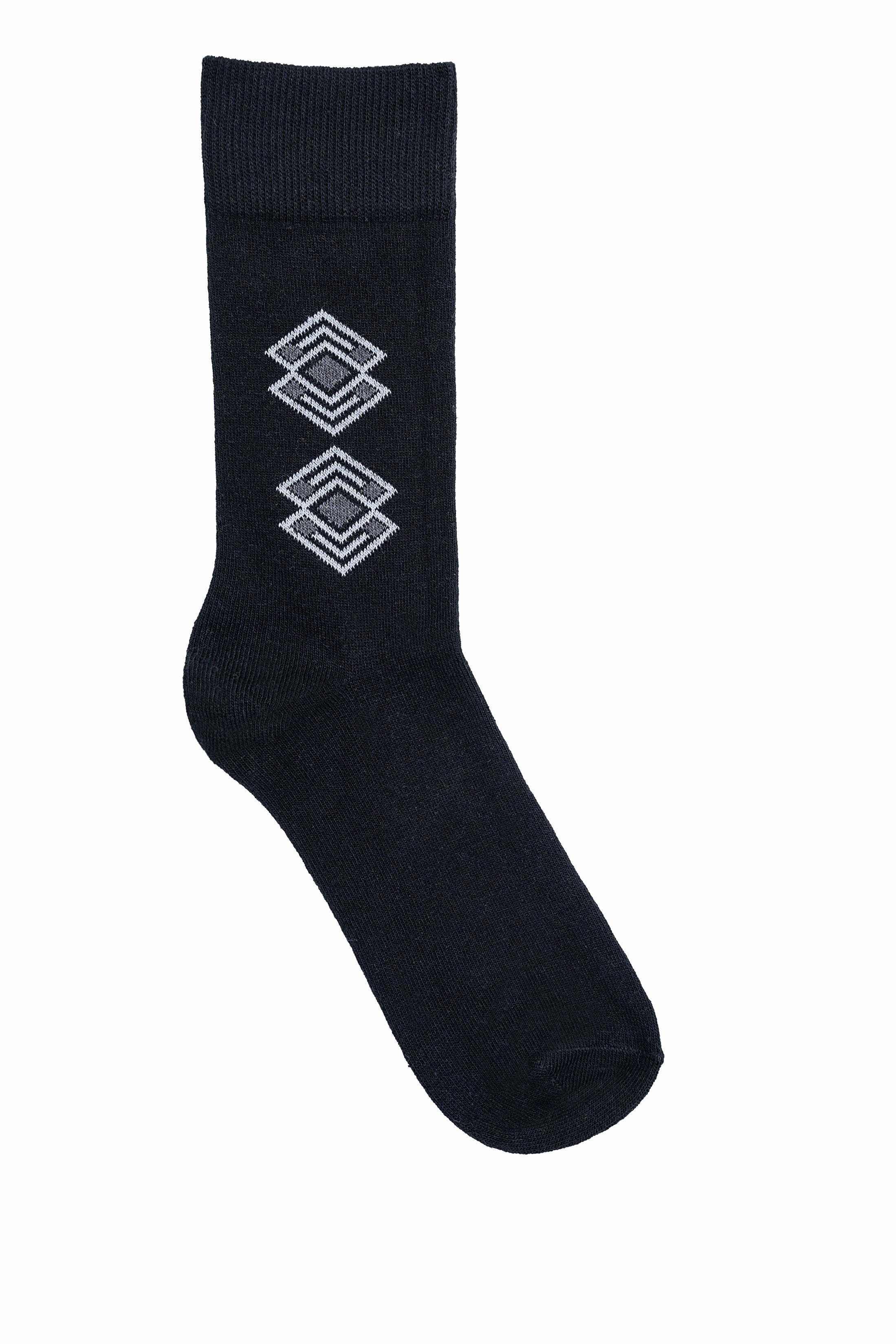 Dark navy wool socks with ribbed cuff and geometric diamond logo