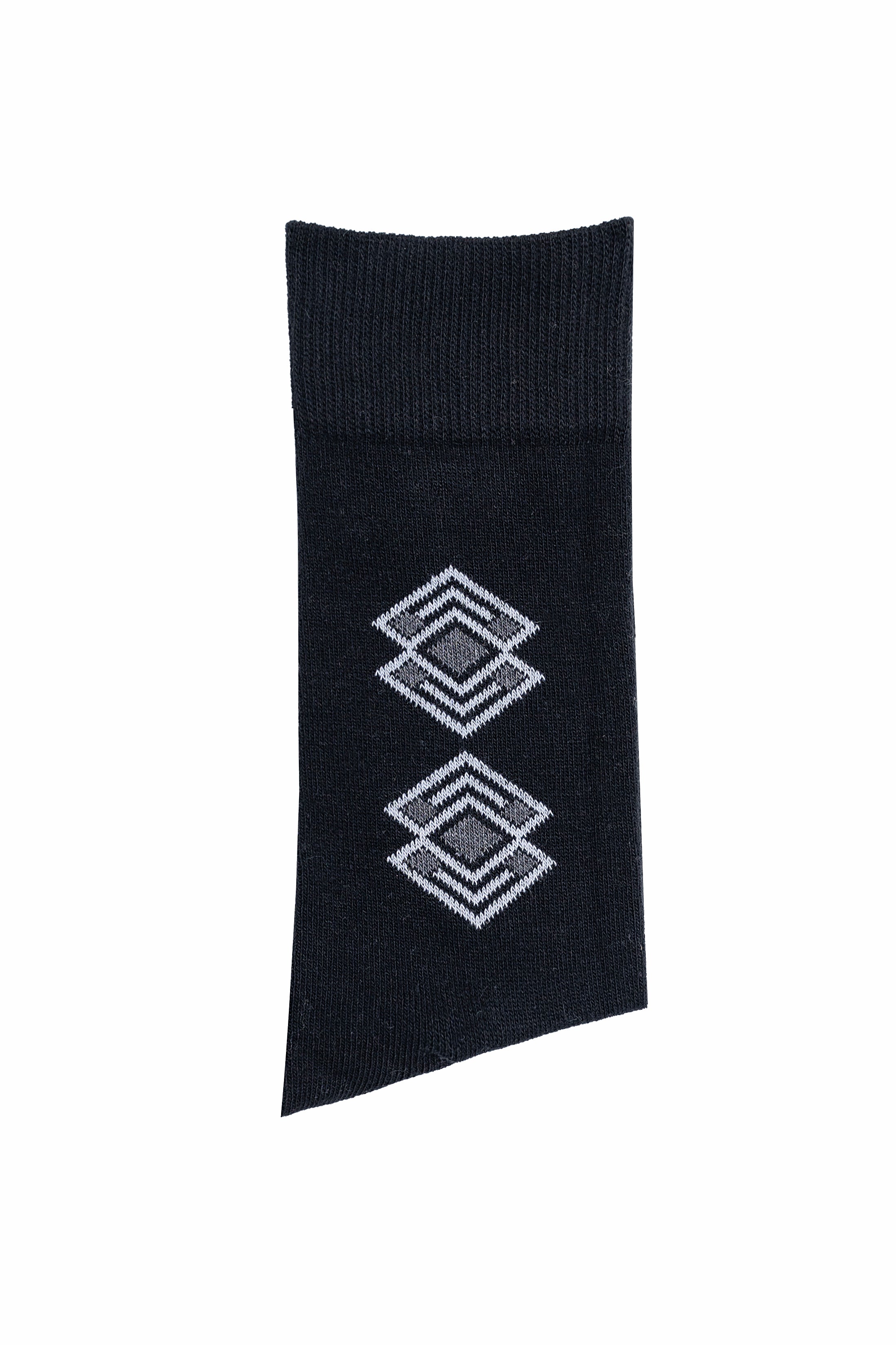 Dark navy wool socks with ribbed cuff and two geometric diamond logos