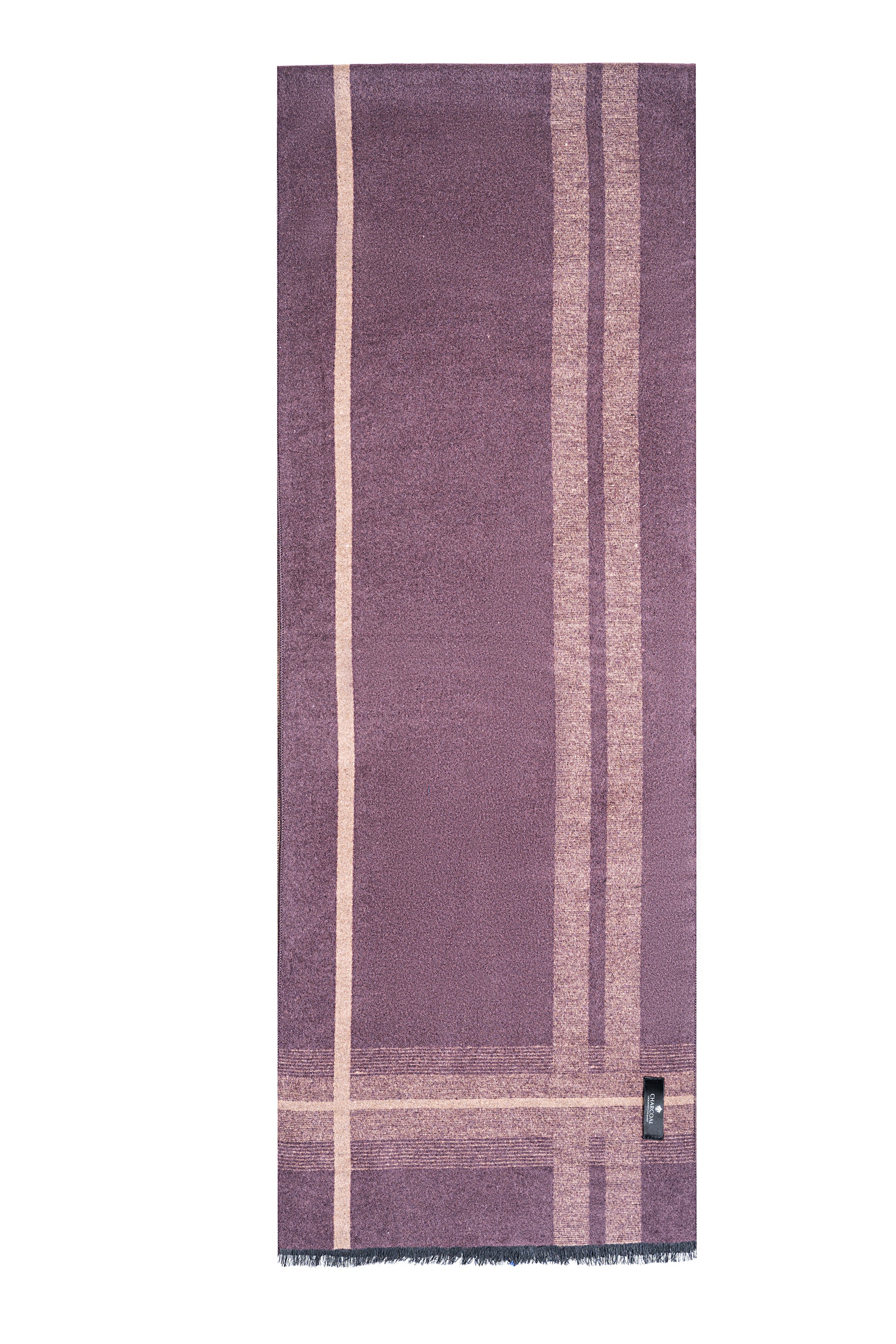 Purple scarf with beige vertical and diagonal striped design, fringed edges