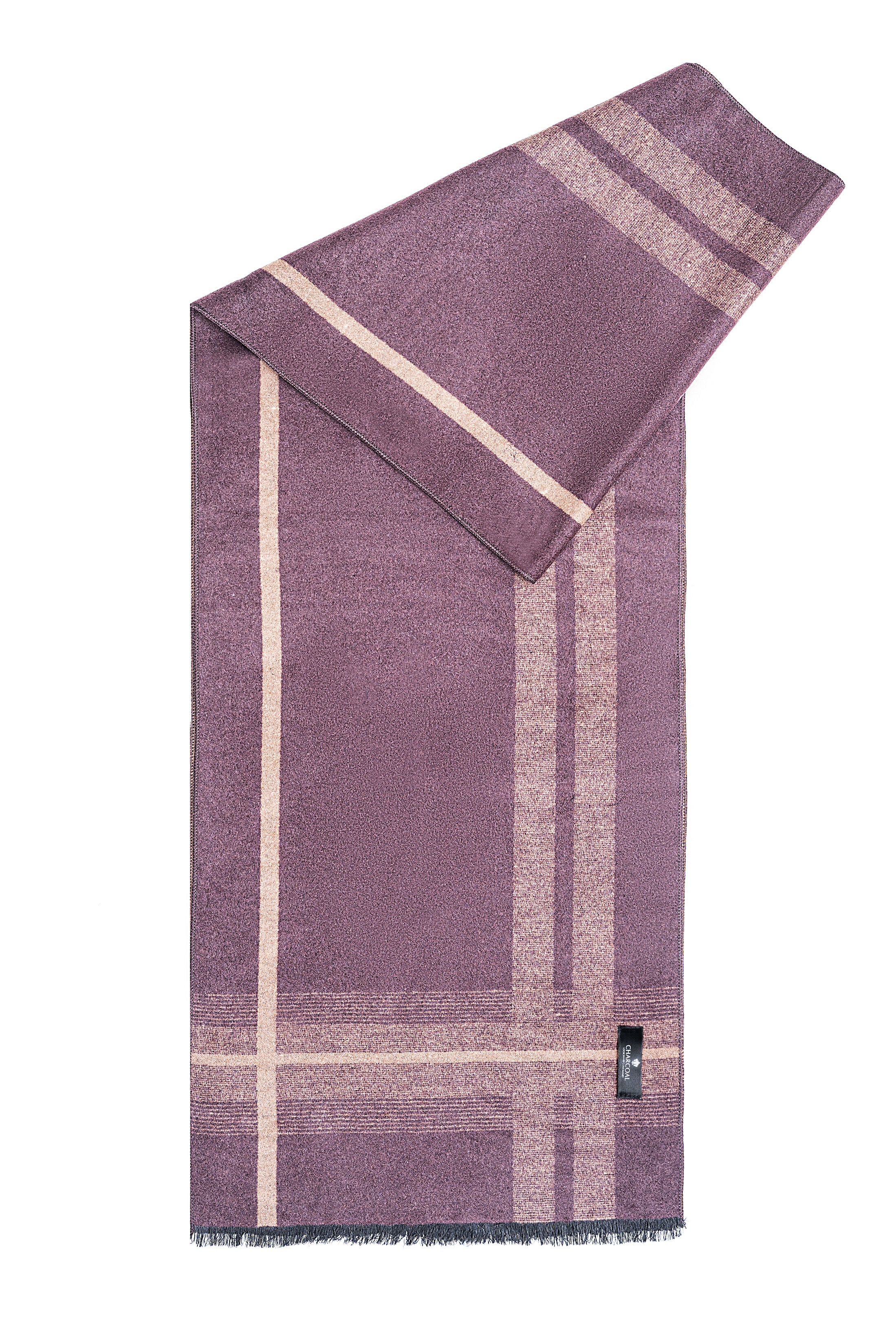 Purple scarf with beige grid stripes, folded drape, fringed hem