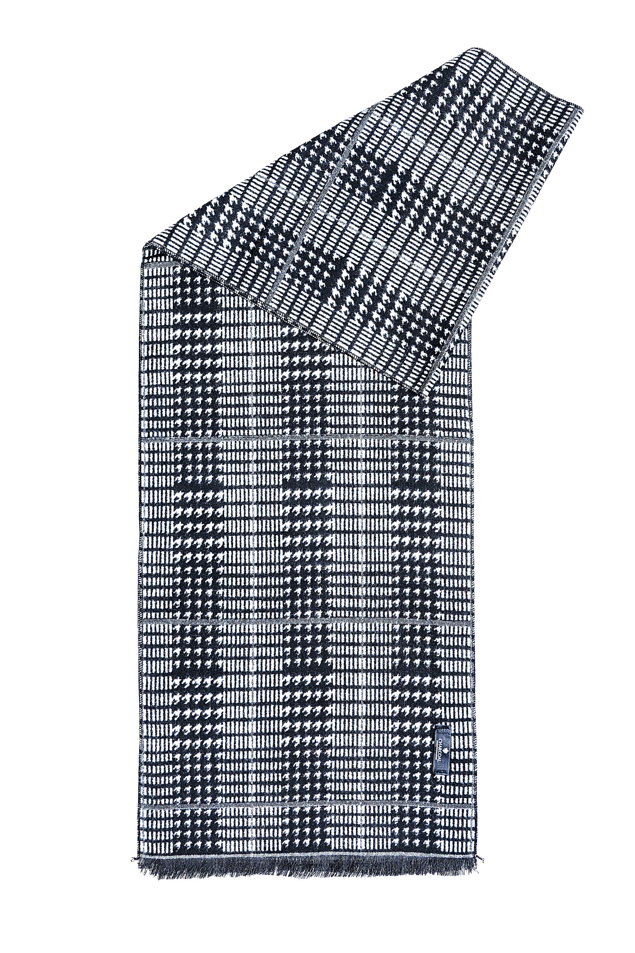 Dark navy and white check houndstooth scarf with fringed ends.