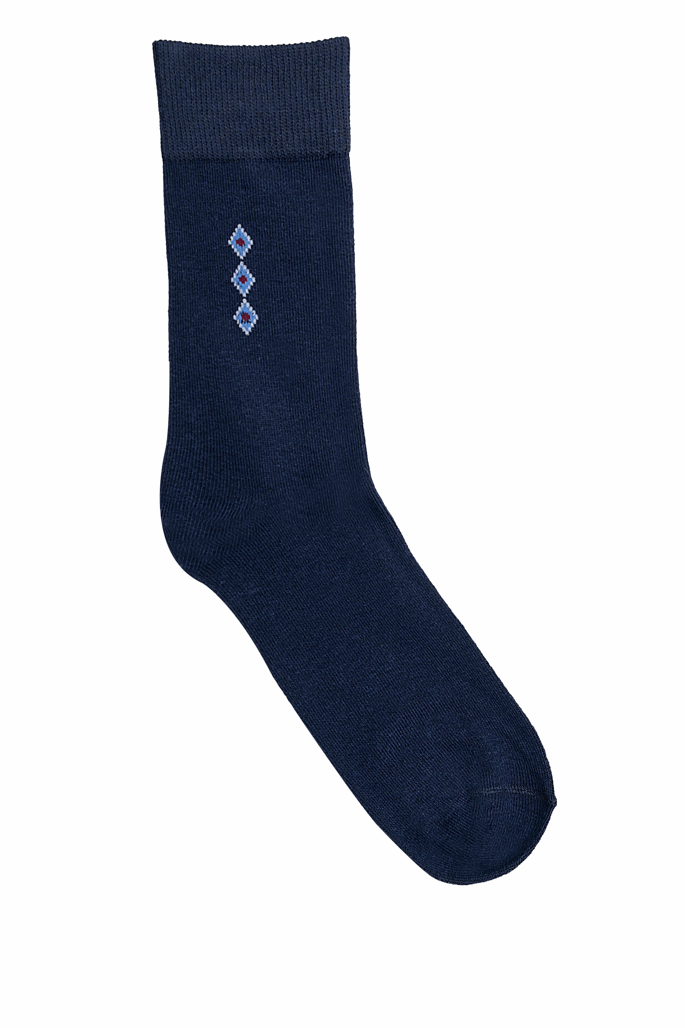 Navy wool socks with diamond pattern, crew length and ribbed cuff.