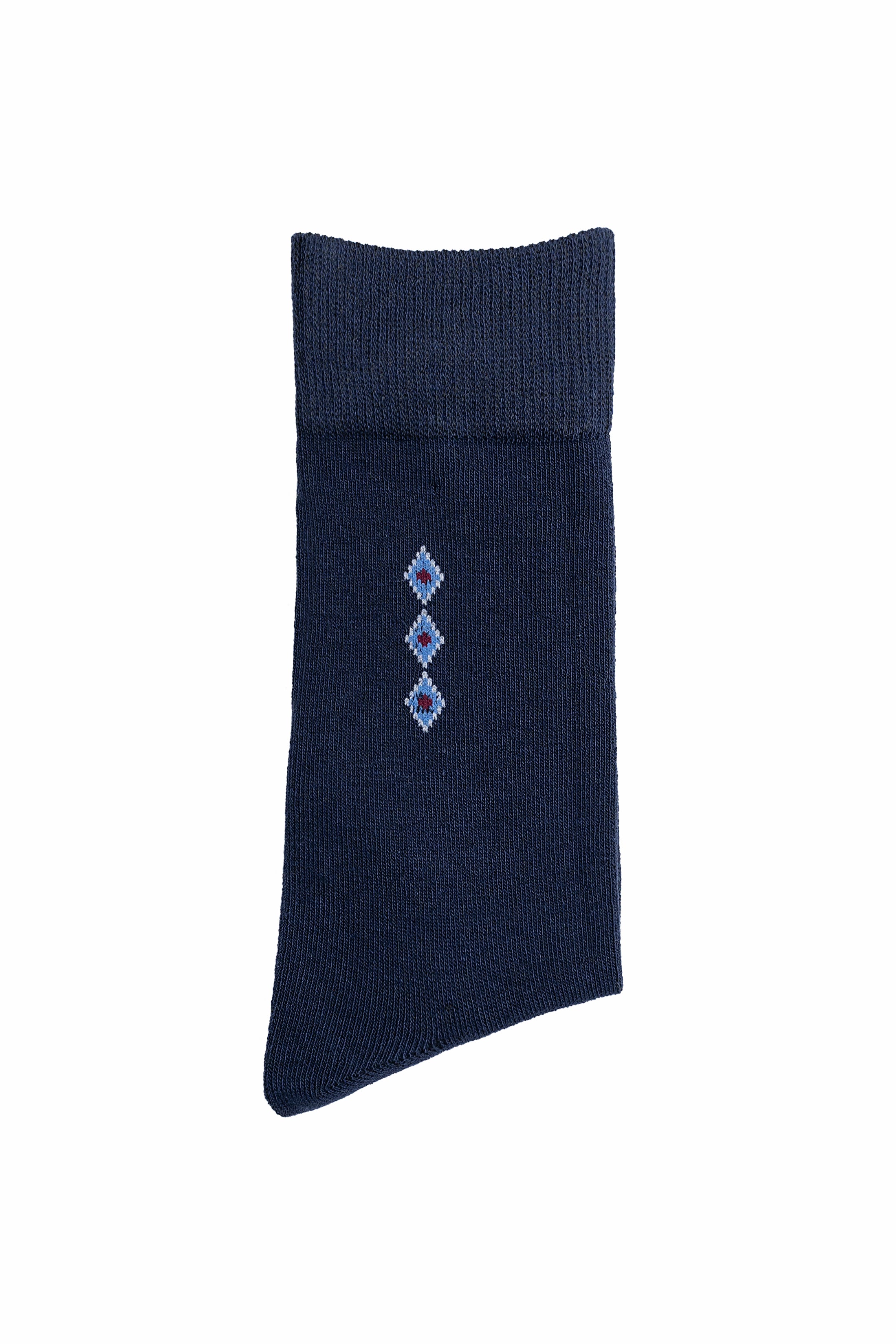 Navy wool crew socks with small diamond motif on leg.