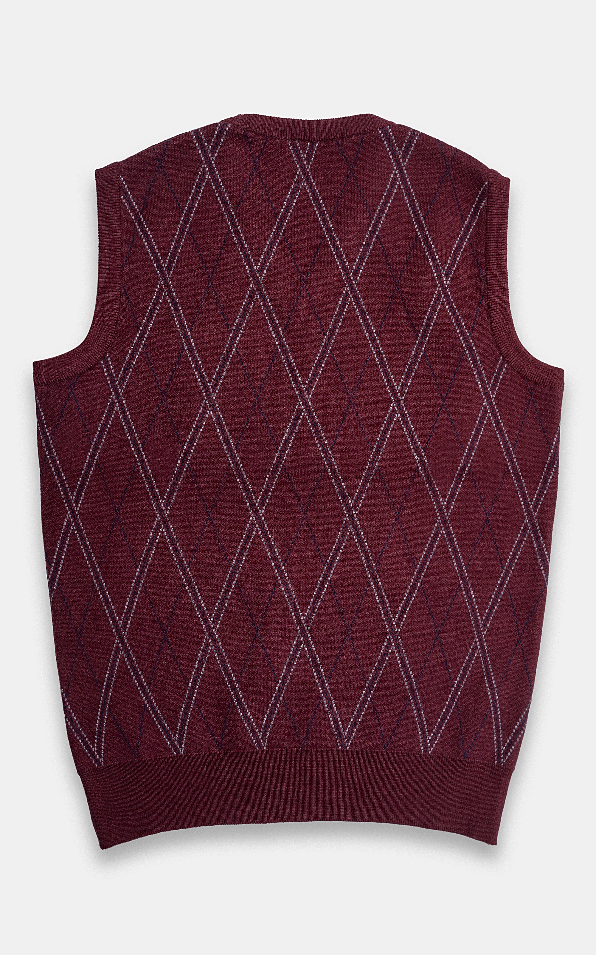 Maroon sleeveless sweater vest with diamond-knit pattern and ribbed hem