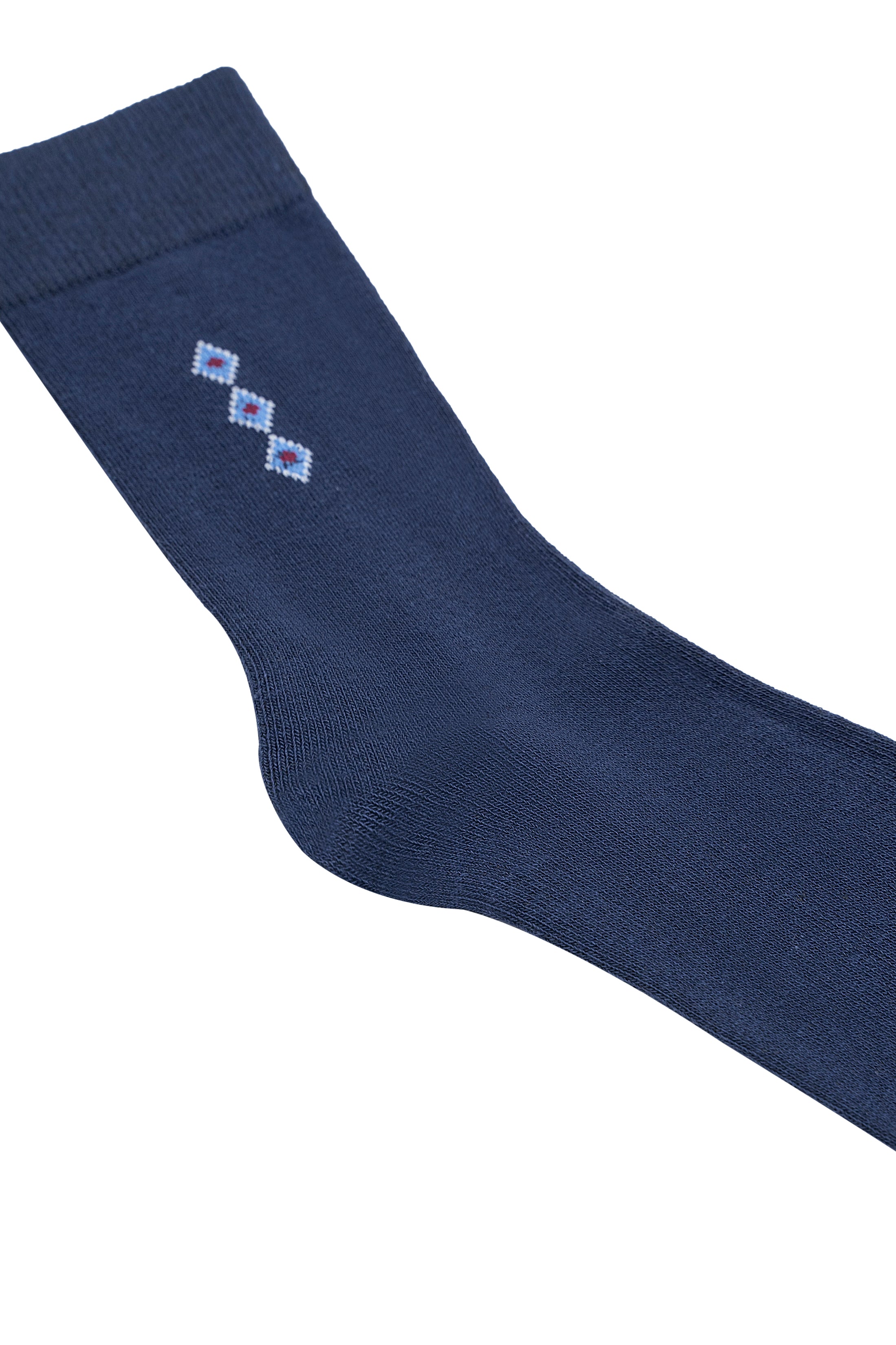 Navy wool socks with diamond motif on side, ribbed texture.
