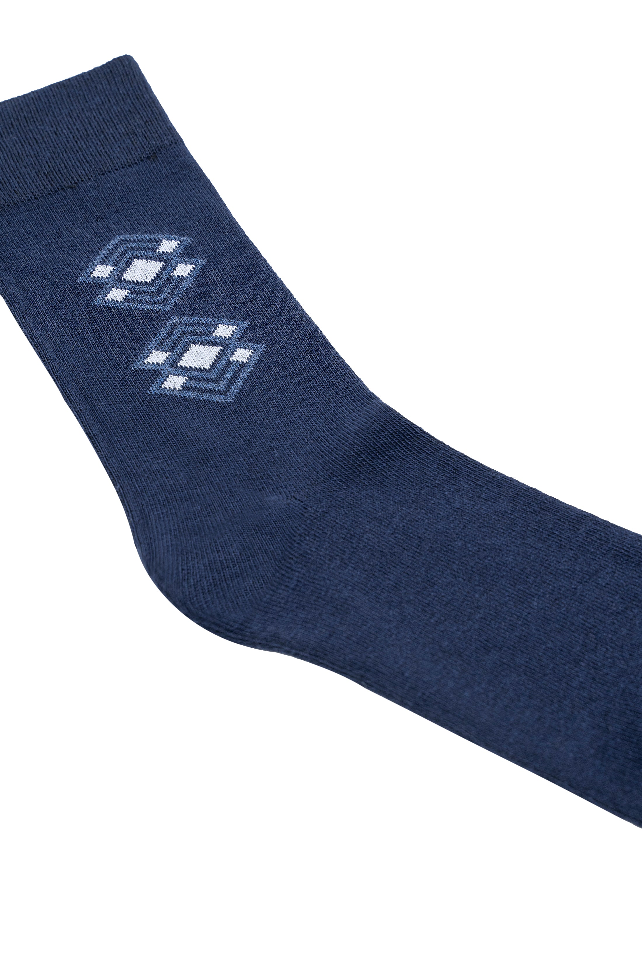Navy wool crew sock with geometric diamond pattern on the foot