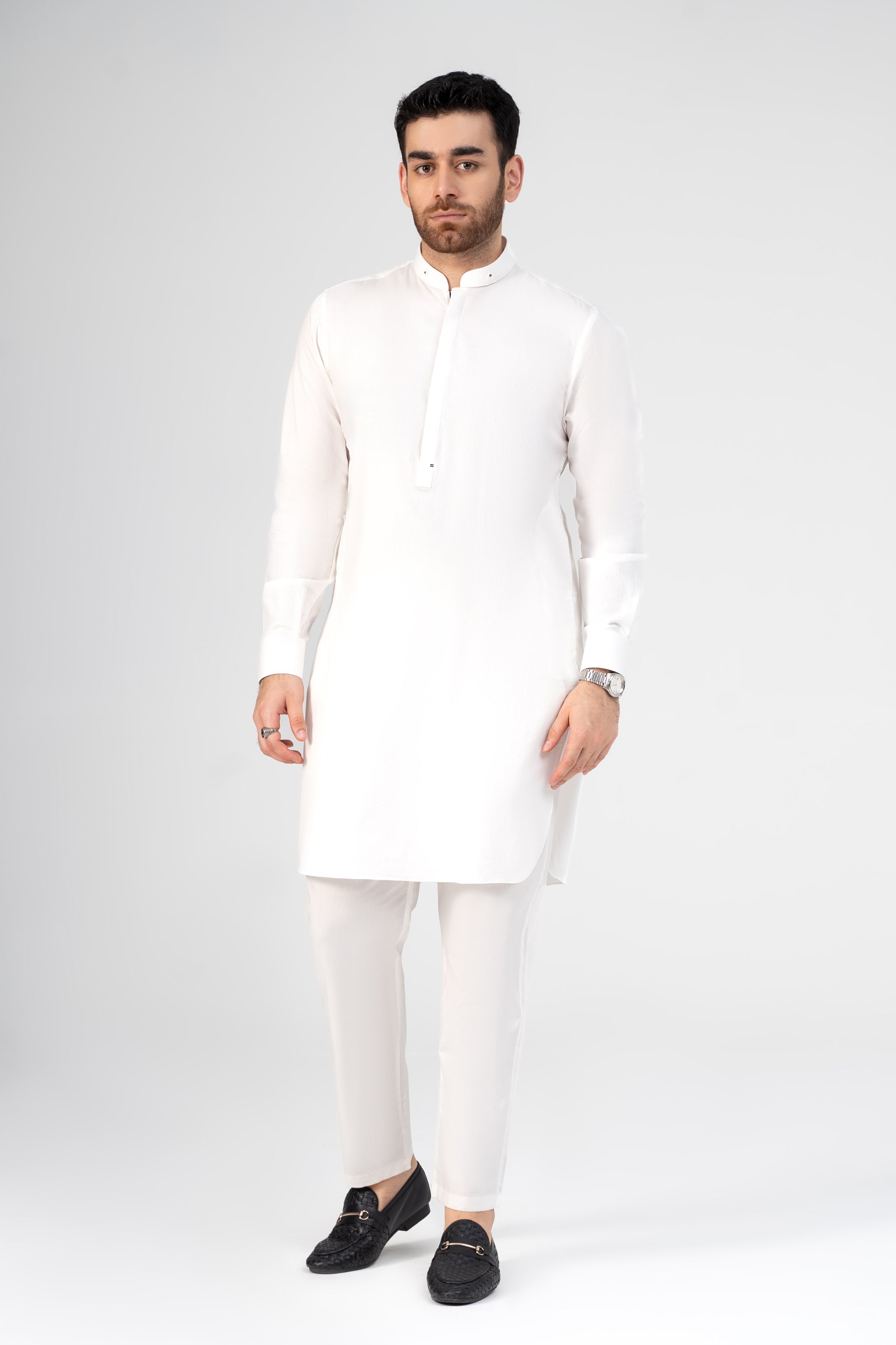 SELF DOBBY KURTA PAJAMA WHITE