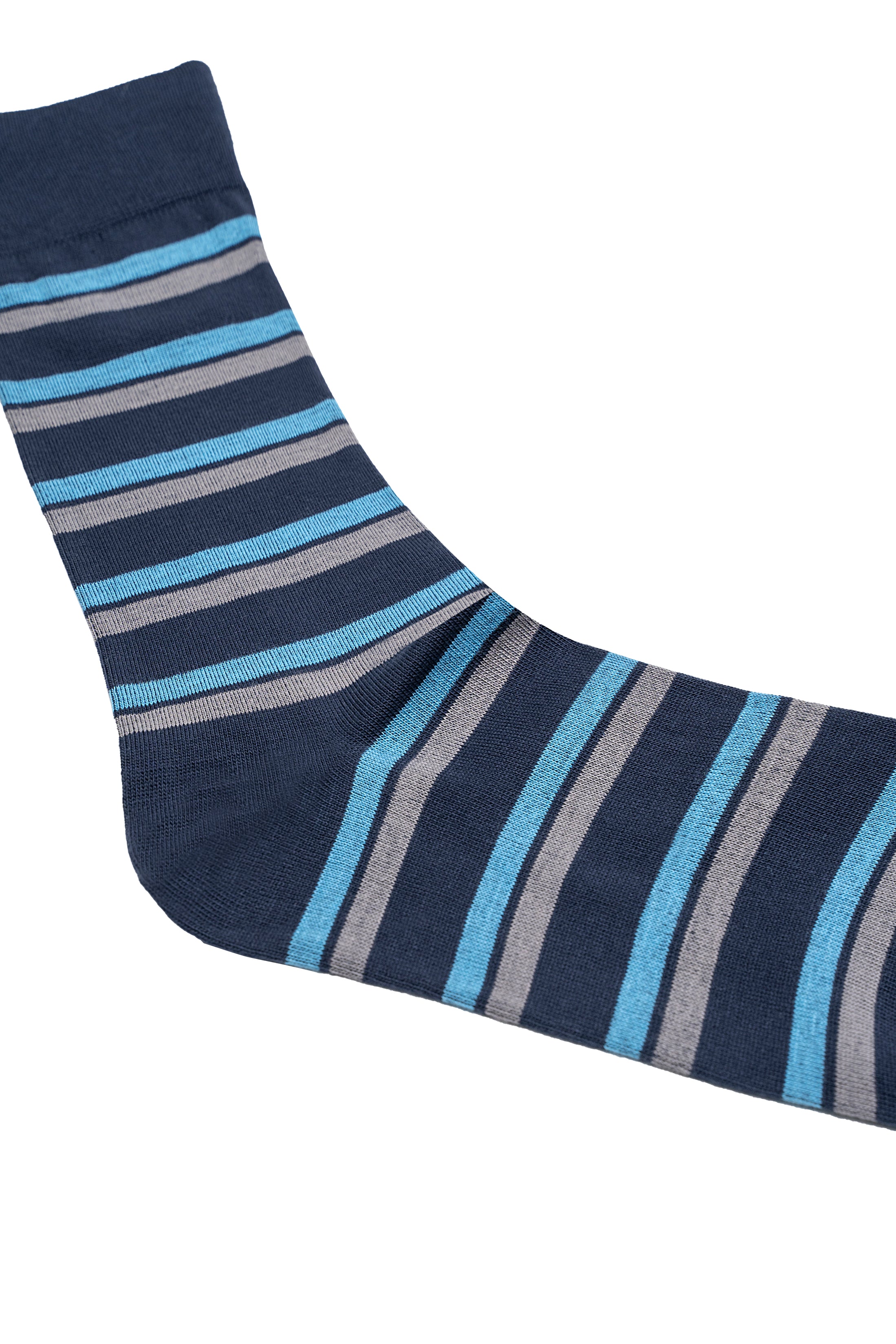Striped wool sock, angled view; dark base with blue and gray horizontal bands
